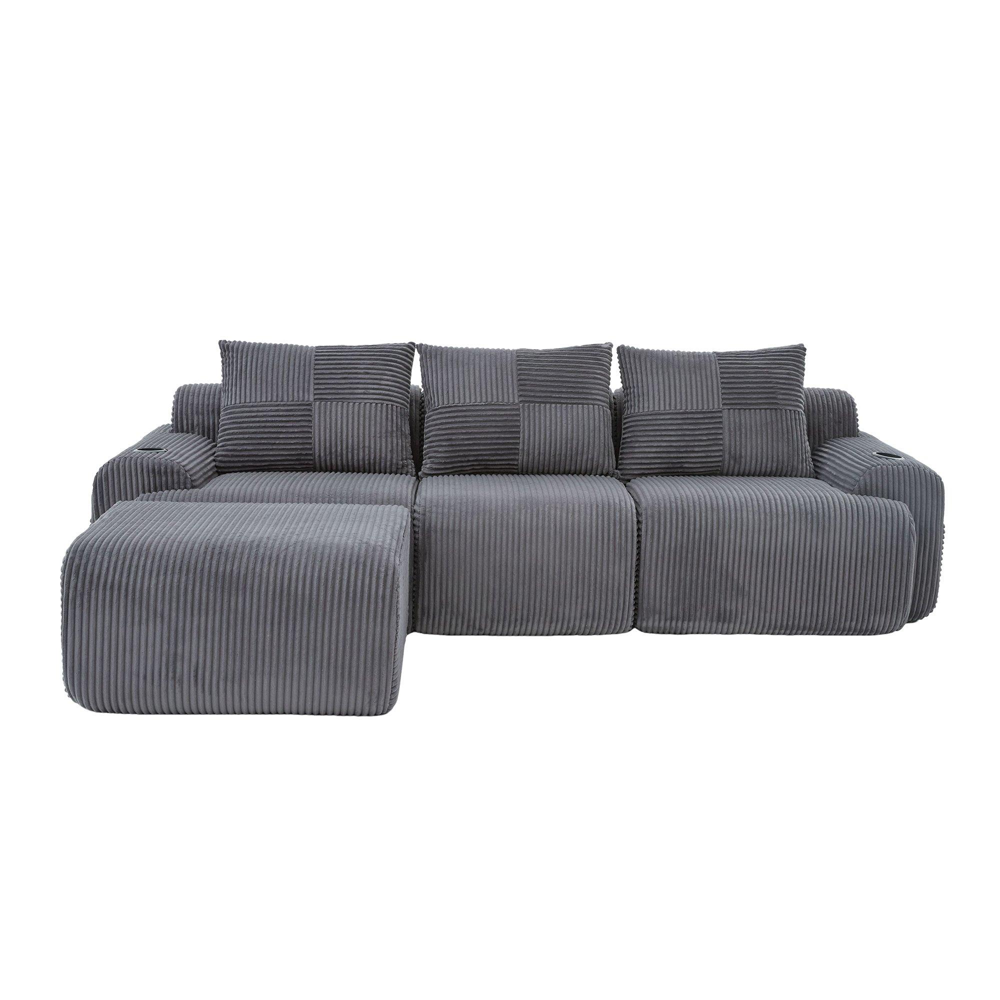 Dark Gray - Urban Meuble - Modular 3-Seater Corduroy Sofa with Ottoman - 5