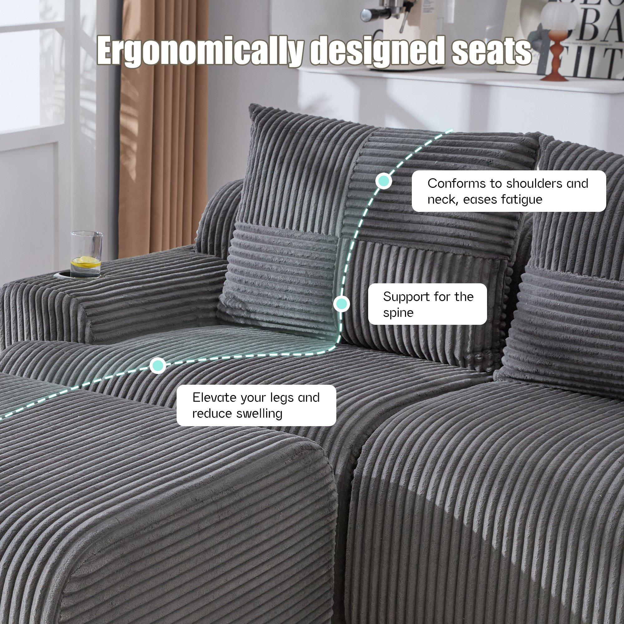 Dark Gray - Urban Meuble - Modular 3-Seater Corduroy Sofa with Ottoman - 7