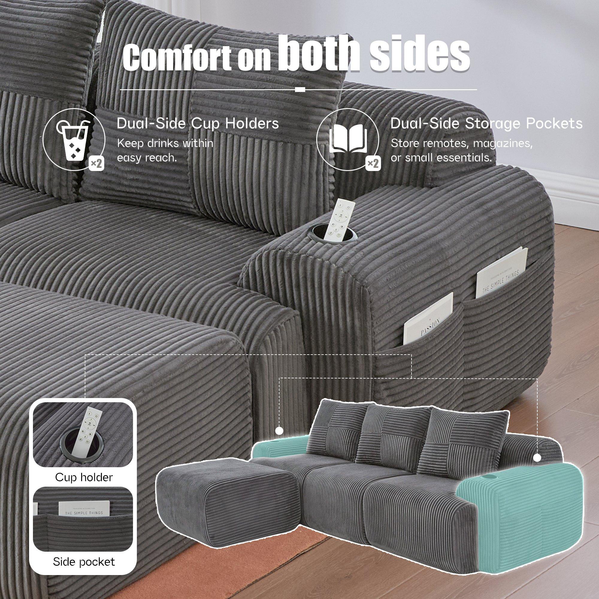 Dark Gray - Urban Meuble - Modular 3-Seater Corduroy Sofa with Ottoman - 8