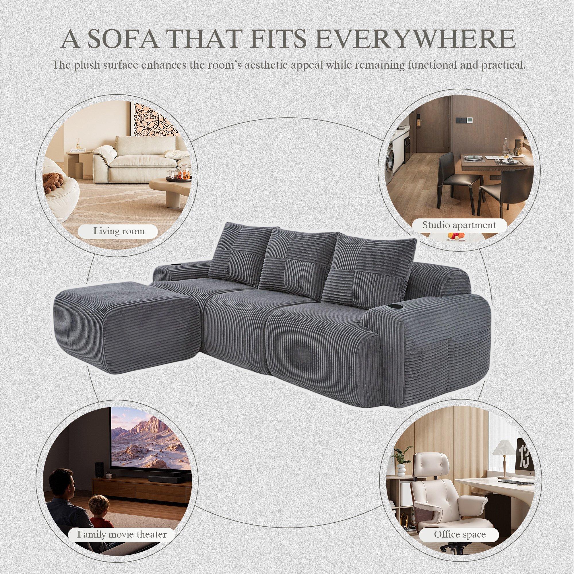 Dark Gray - Urban Meuble - Modular 3-Seater Corduroy Sofa with Ottoman - 9