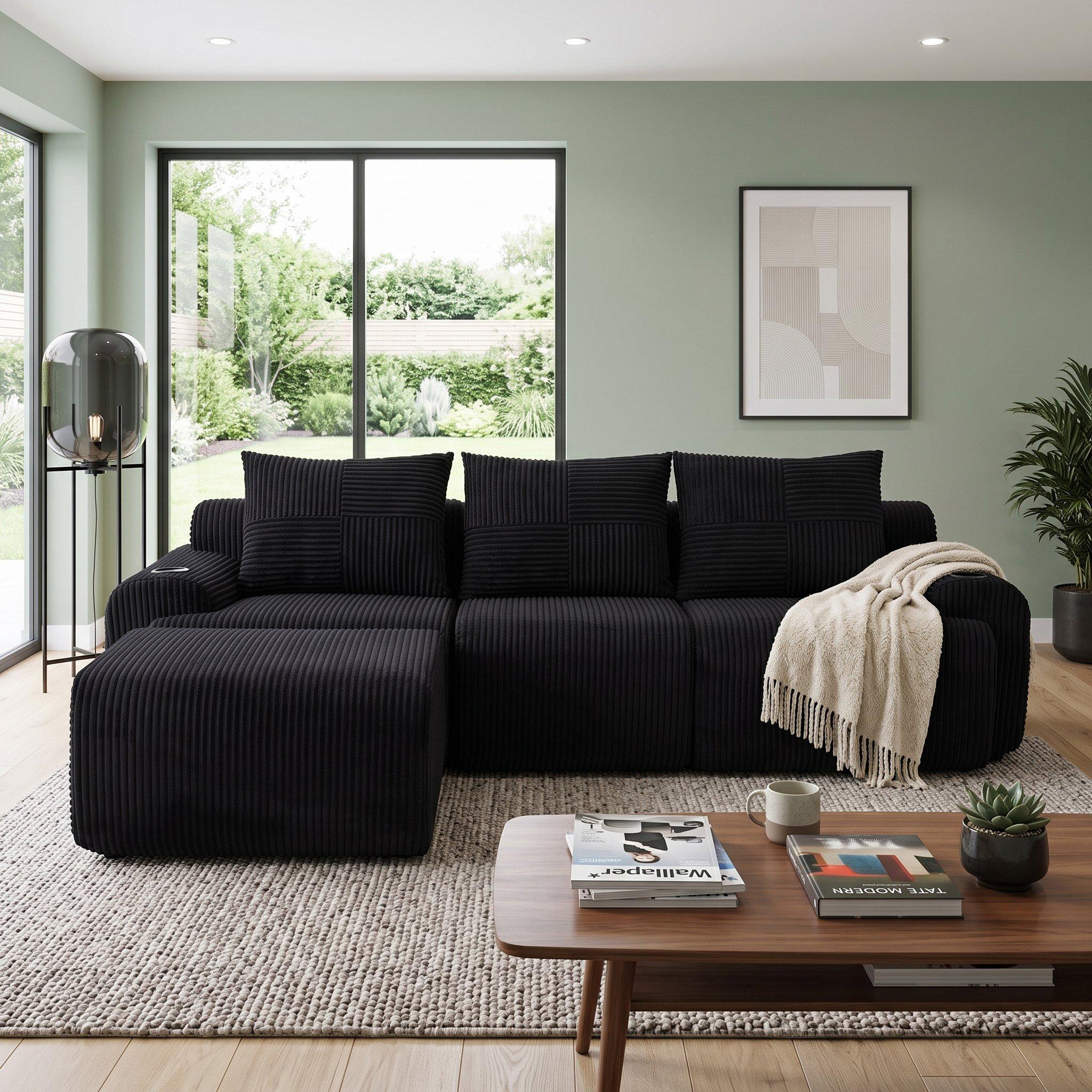 Black - Urban Meuble - Modular 3-Seater Corduroy Sofa with Ottoman - 1