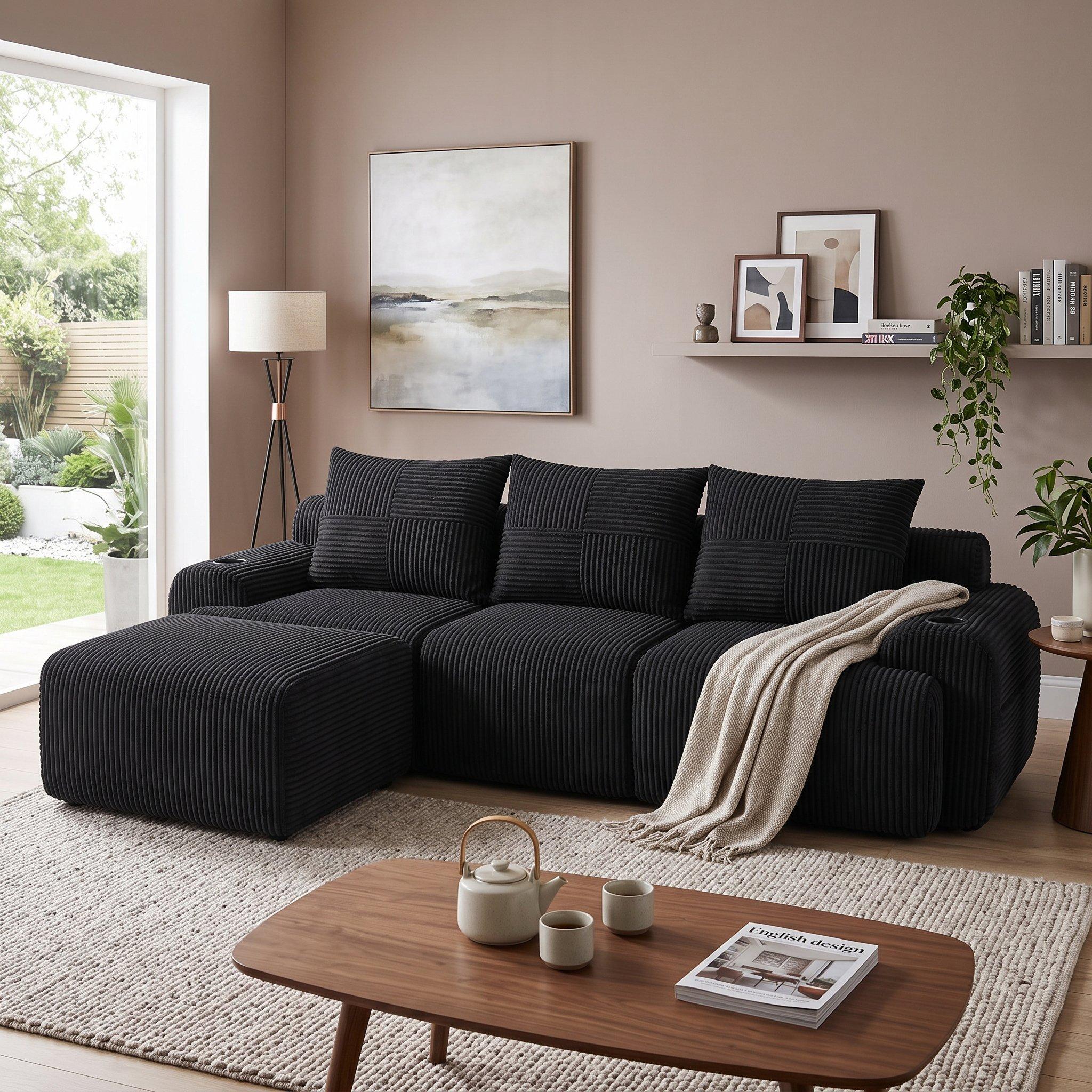 Black - Urban Meuble - Modular 3-Seater Corduroy Sofa with Ottoman - 2