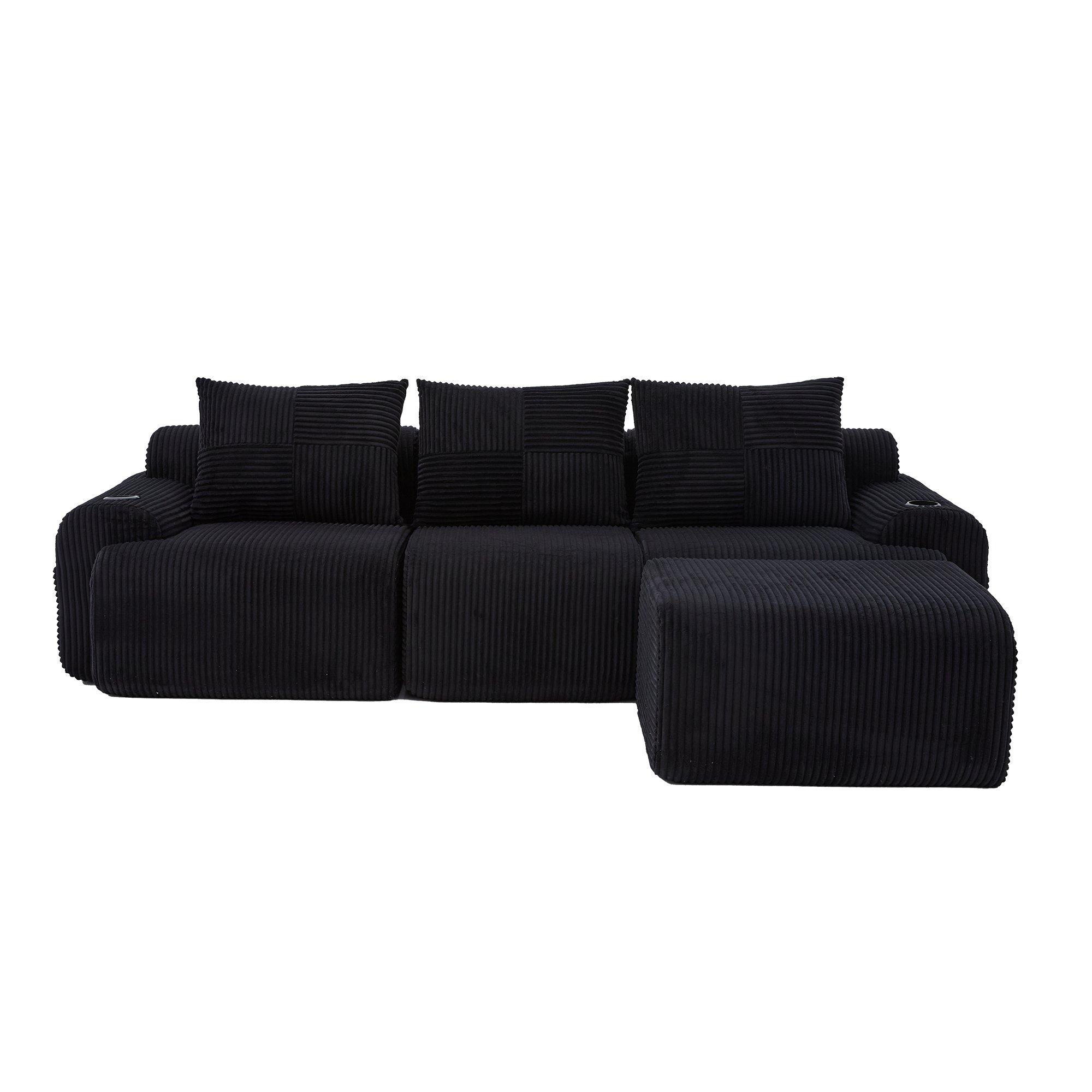 Black - Urban Meuble - Modular 3-Seater Corduroy Sofa with Ottoman - 11