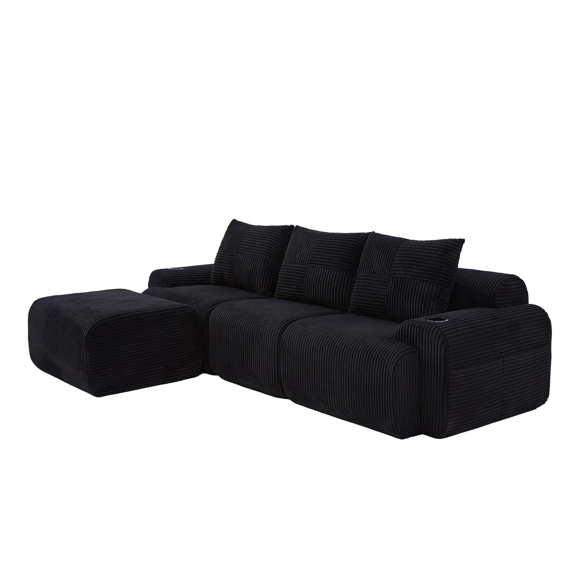 Black - Urban Meuble - Modular 3-Seater Corduroy Sofa with Ottoman - 12