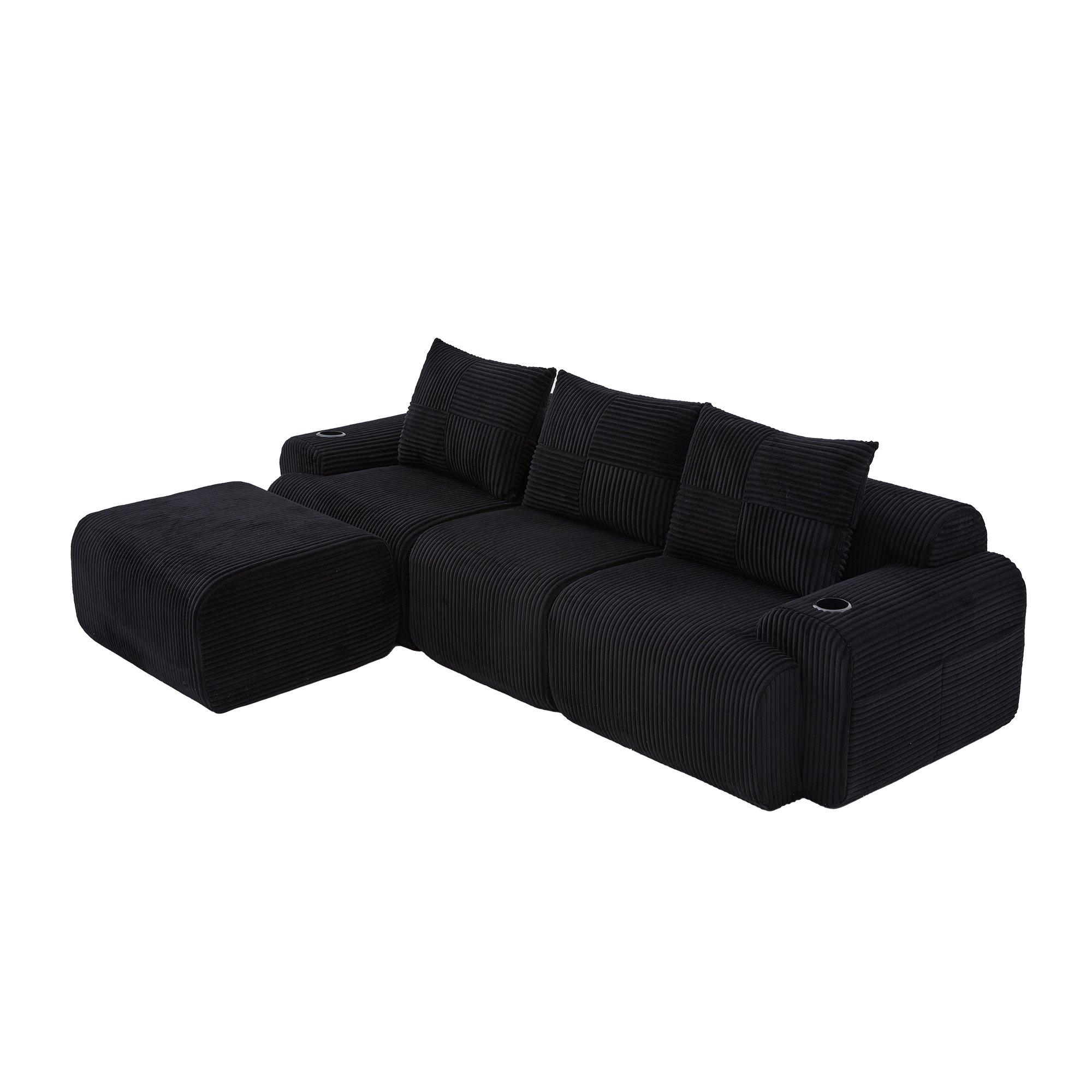 Black - Urban Meuble - Modular 3-Seater Corduroy Sofa with Ottoman - 13