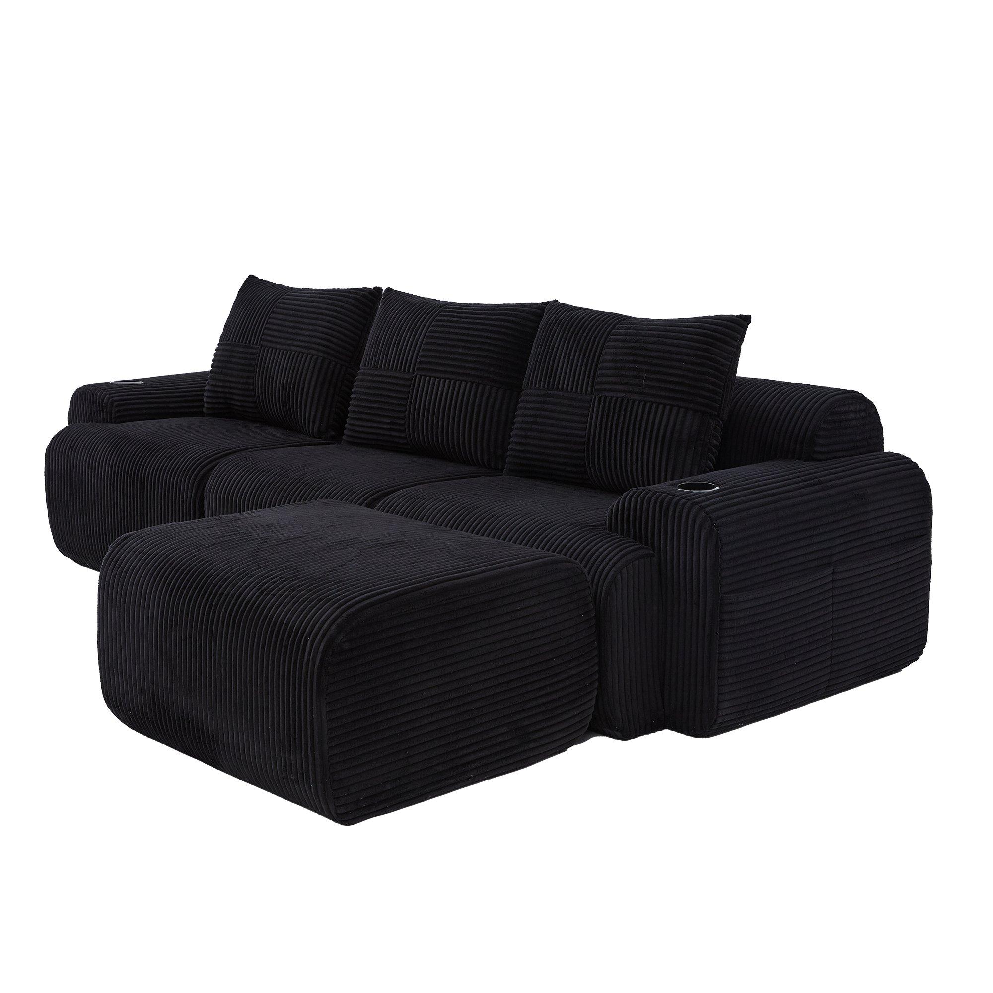 Black - Urban Meuble - Modular 3-Seater Corduroy Sofa with Ottoman - 14