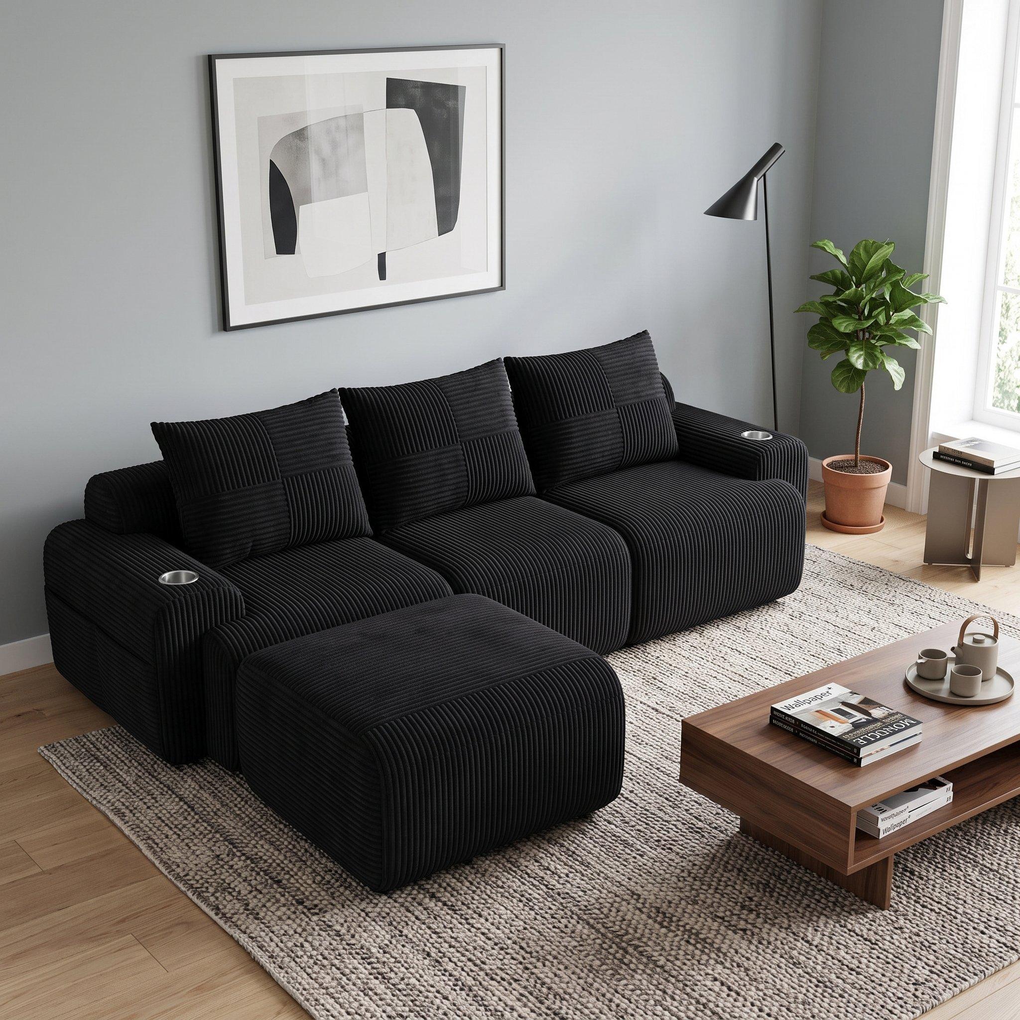 Black - Urban Meuble - Modular 3-Seater Corduroy Sofa with Ottoman - 3