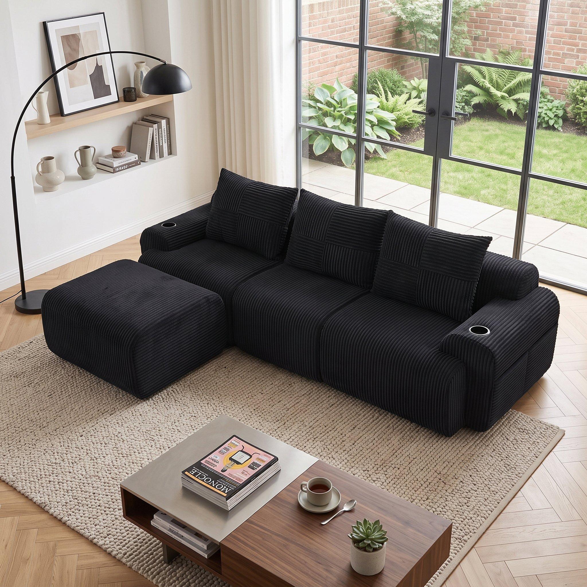 Black - Urban Meuble - Modular 3-Seater Corduroy Sofa with Ottoman - 4