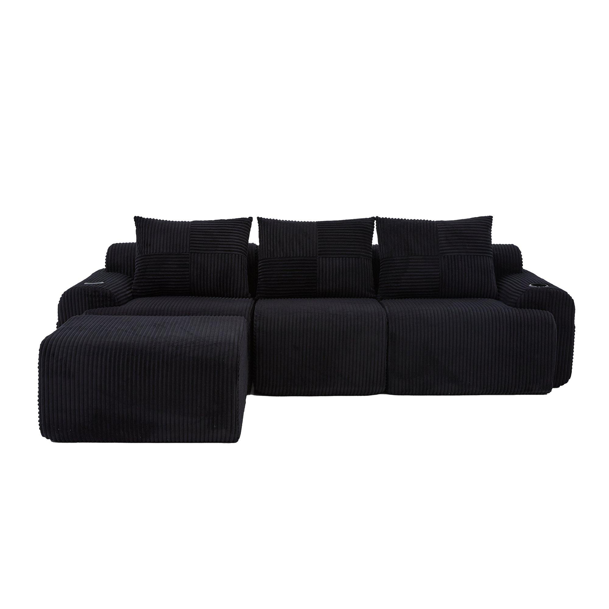 Black - Urban Meuble - Modular 3-Seater Corduroy Sofa with Ottoman - 5