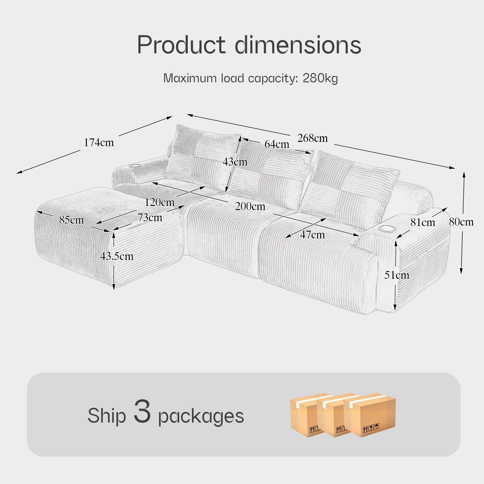 Black - Urban Meuble - Modular 3-Seater Corduroy Sofa with Ottoman - 6