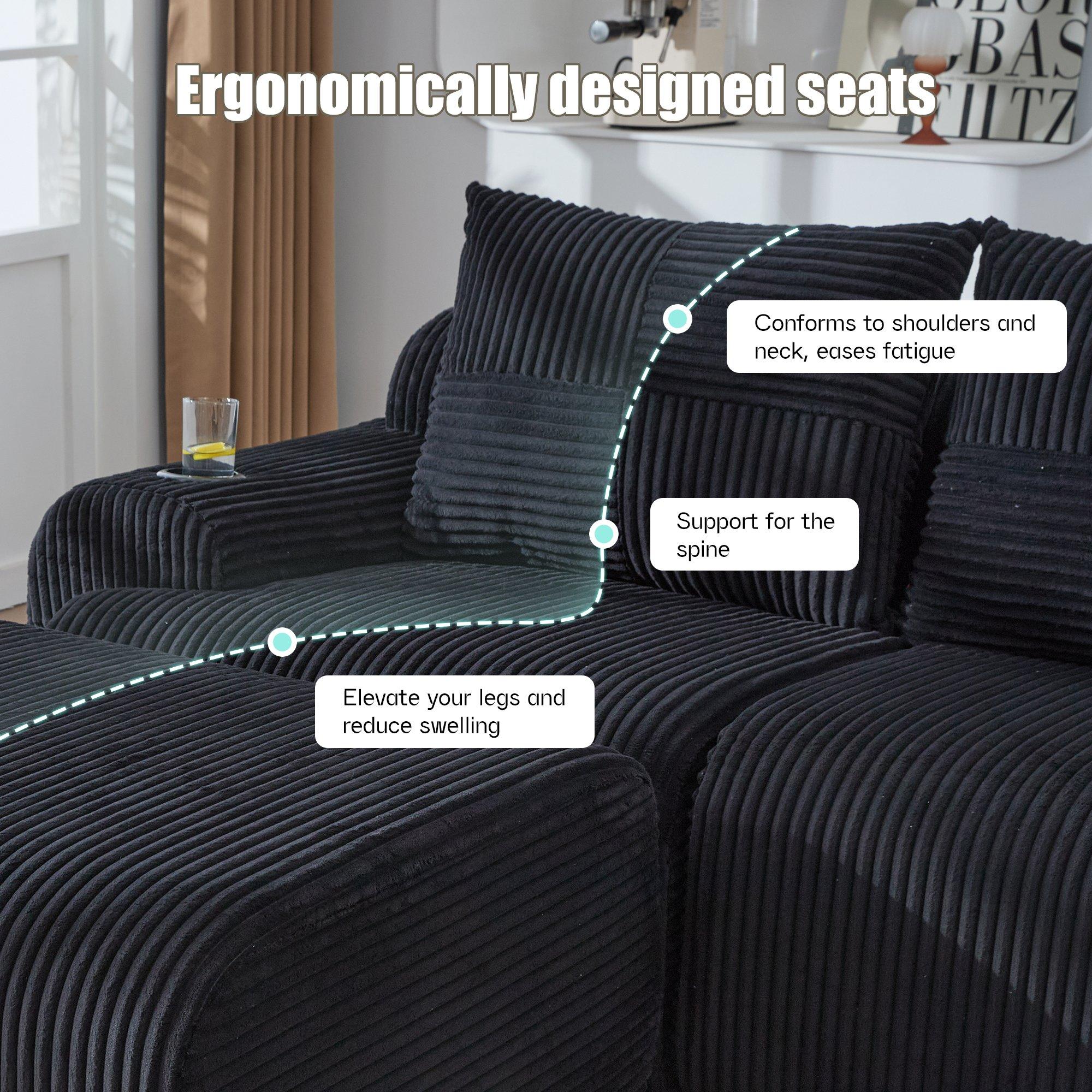 Black - Urban Meuble - Modular 3-Seater Corduroy Sofa with Ottoman - 7