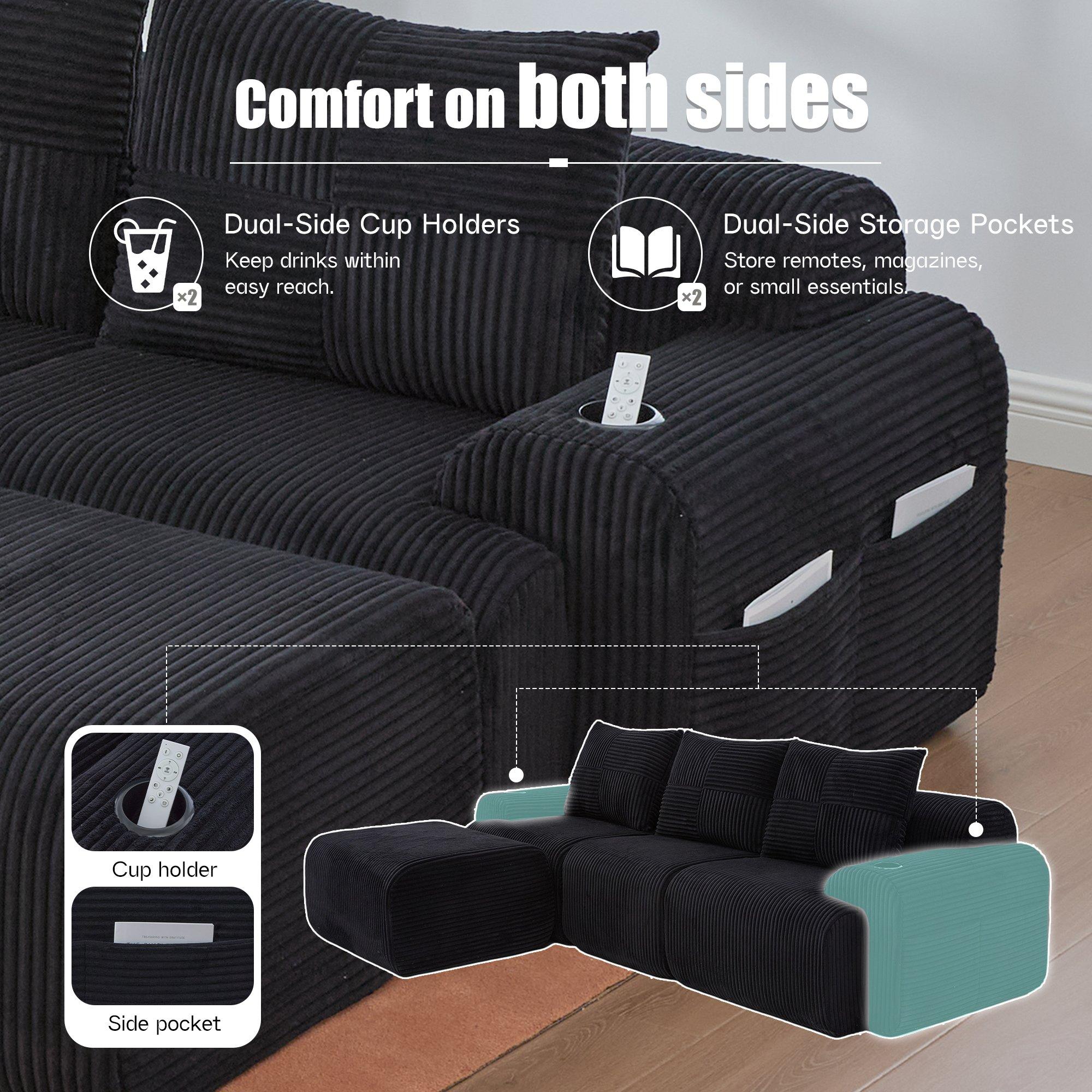 Black - Urban Meuble - Modular 3-Seater Corduroy Sofa with Ottoman - 8