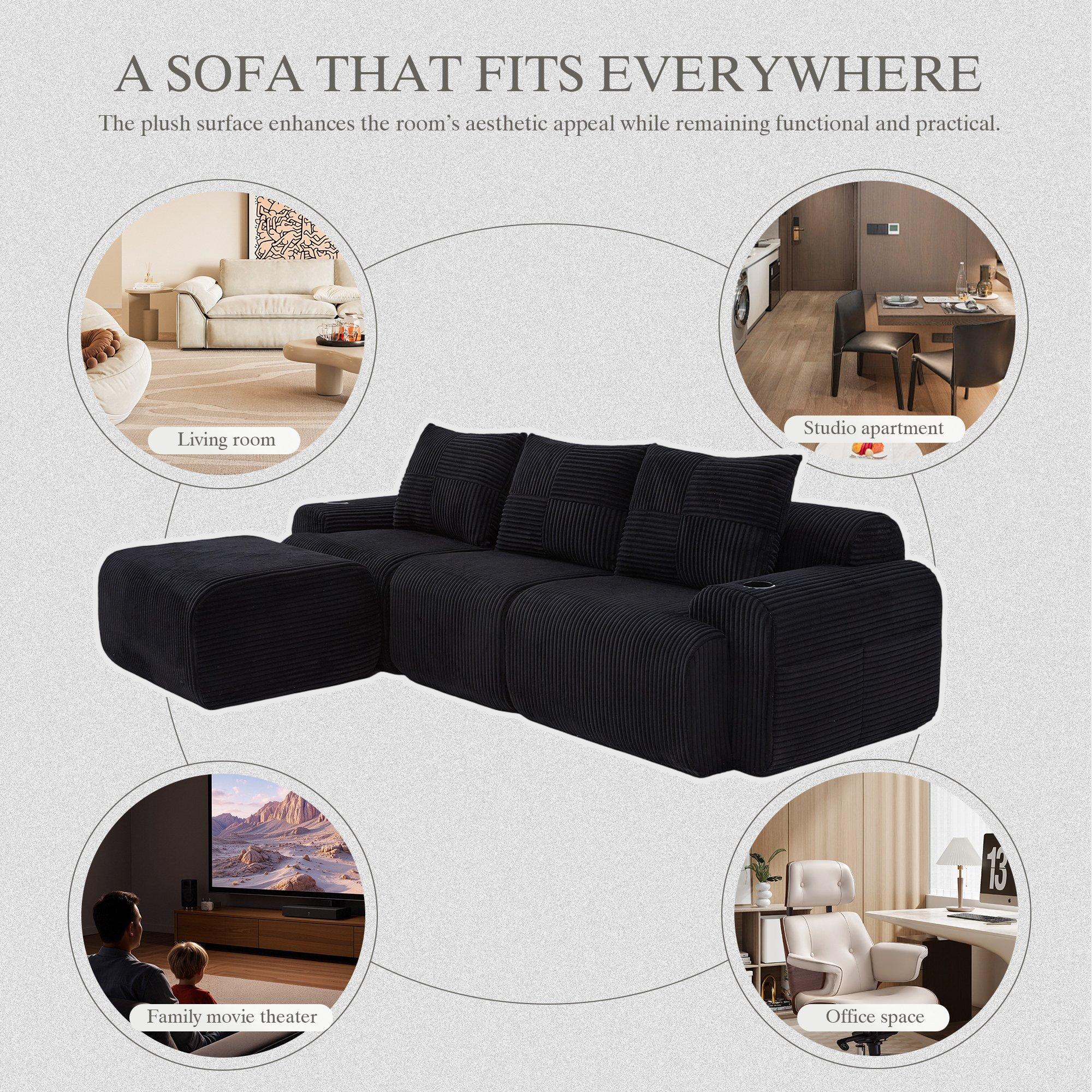 Black - Urban Meuble - Modular 3-Seater Corduroy Sofa with Ottoman - 9