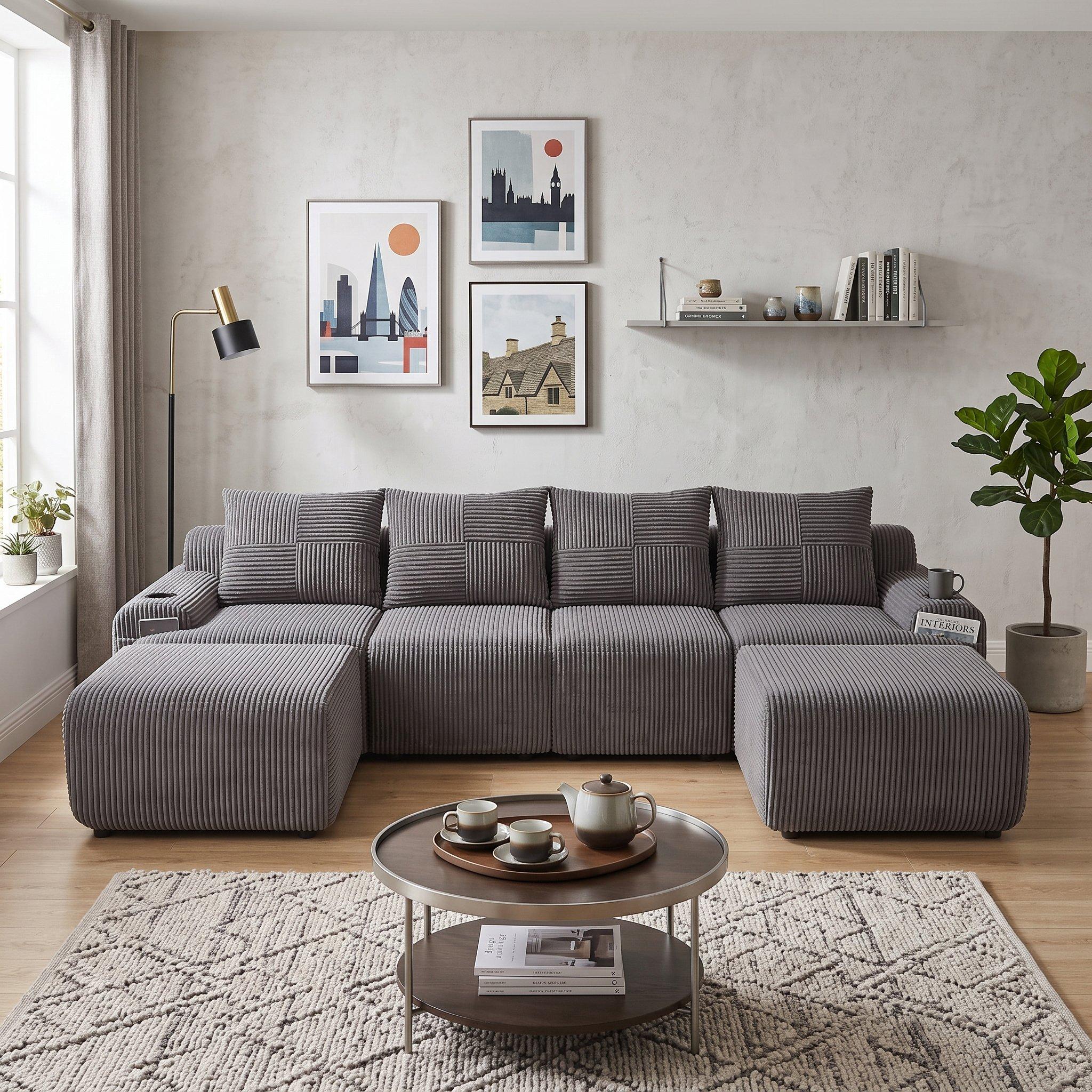 Dark Gray - Urban Meuble - Modular Corduroy Sofa with Ottomans - 1