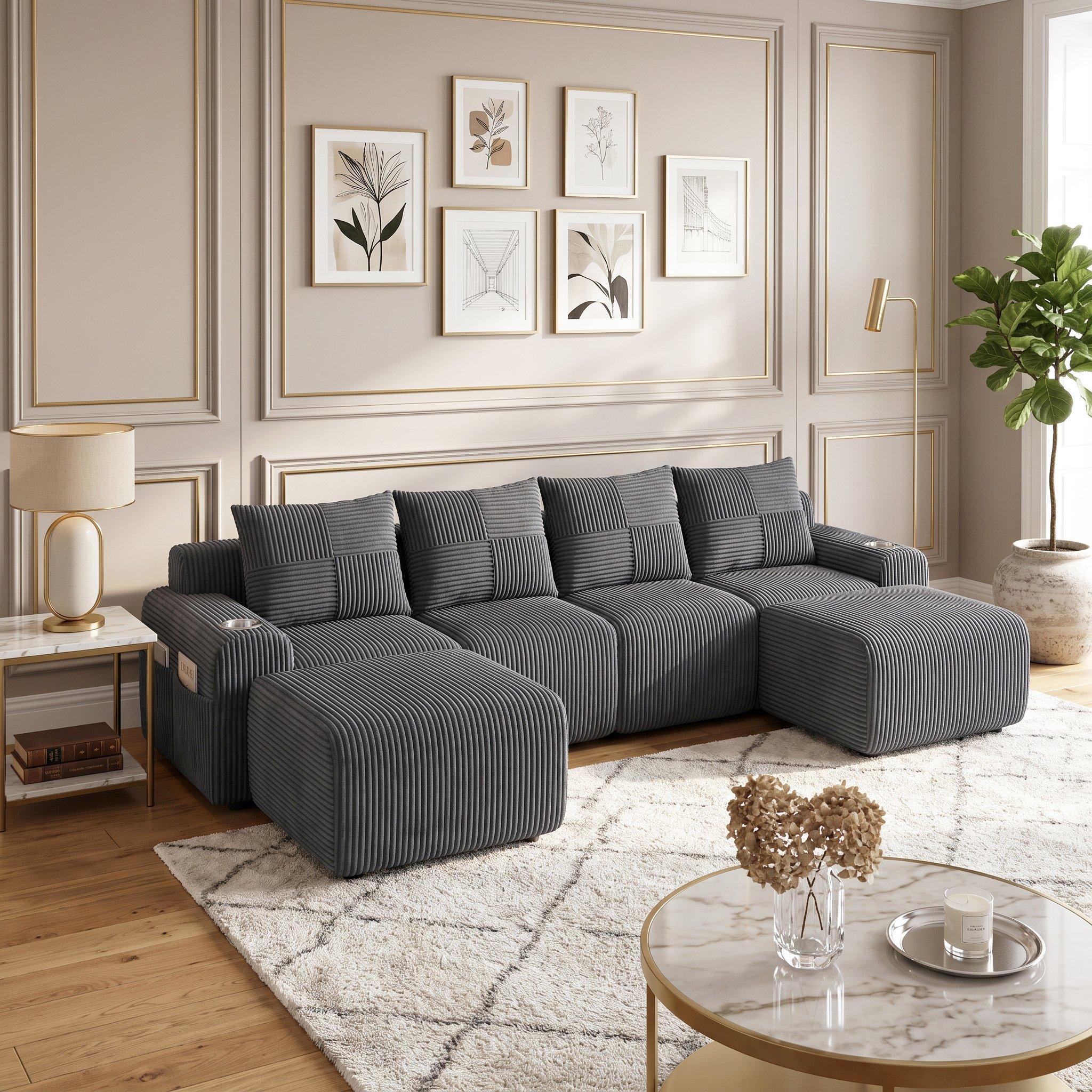 Dark Gray - Urban Meuble - Modular Corduroy Sofa with Ottomans - 2