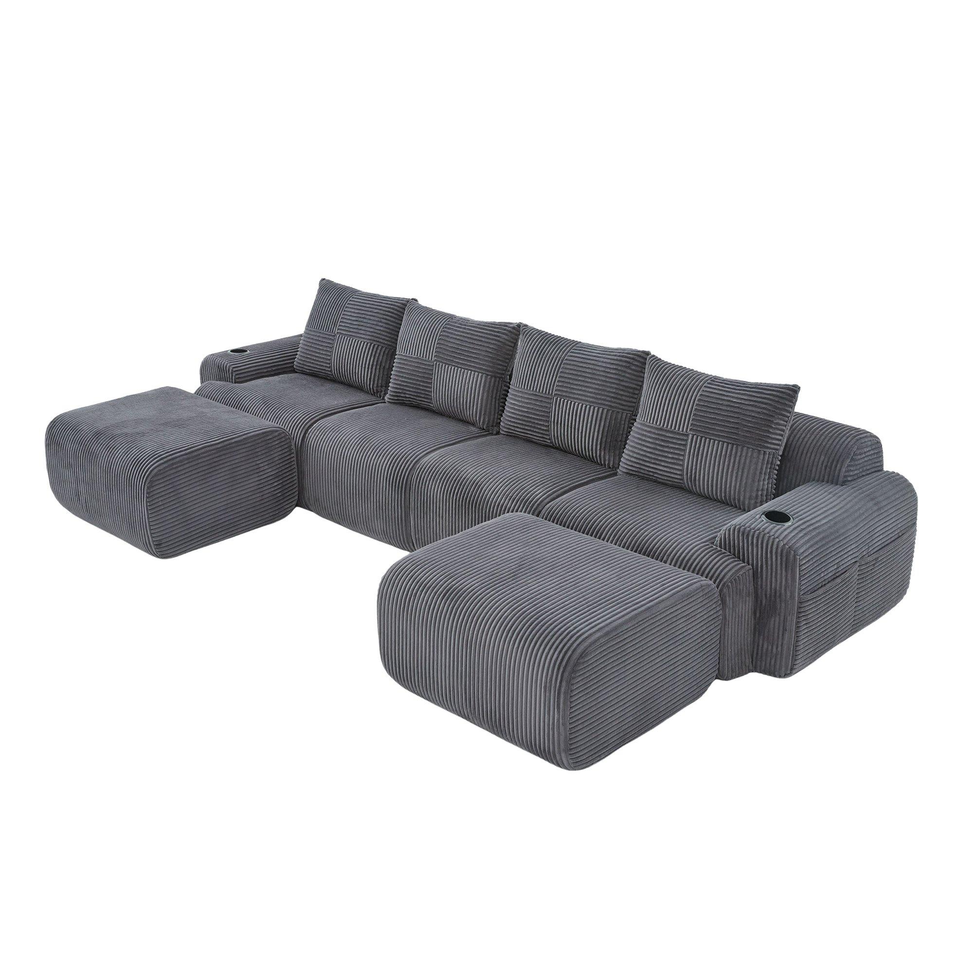 Dark Gray - Urban Meuble - Modular Corduroy Sofa with Ottomans - 11