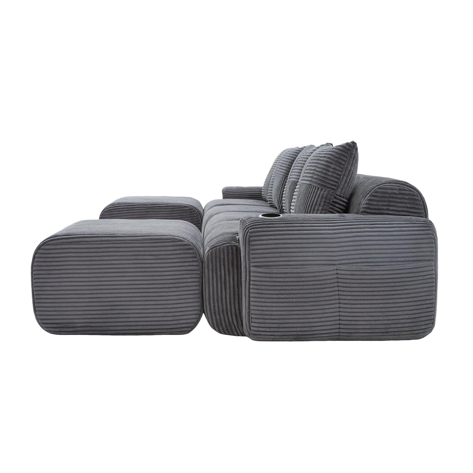 Dark Gray - Urban Meuble - Modular Corduroy Sofa with Ottomans - 13