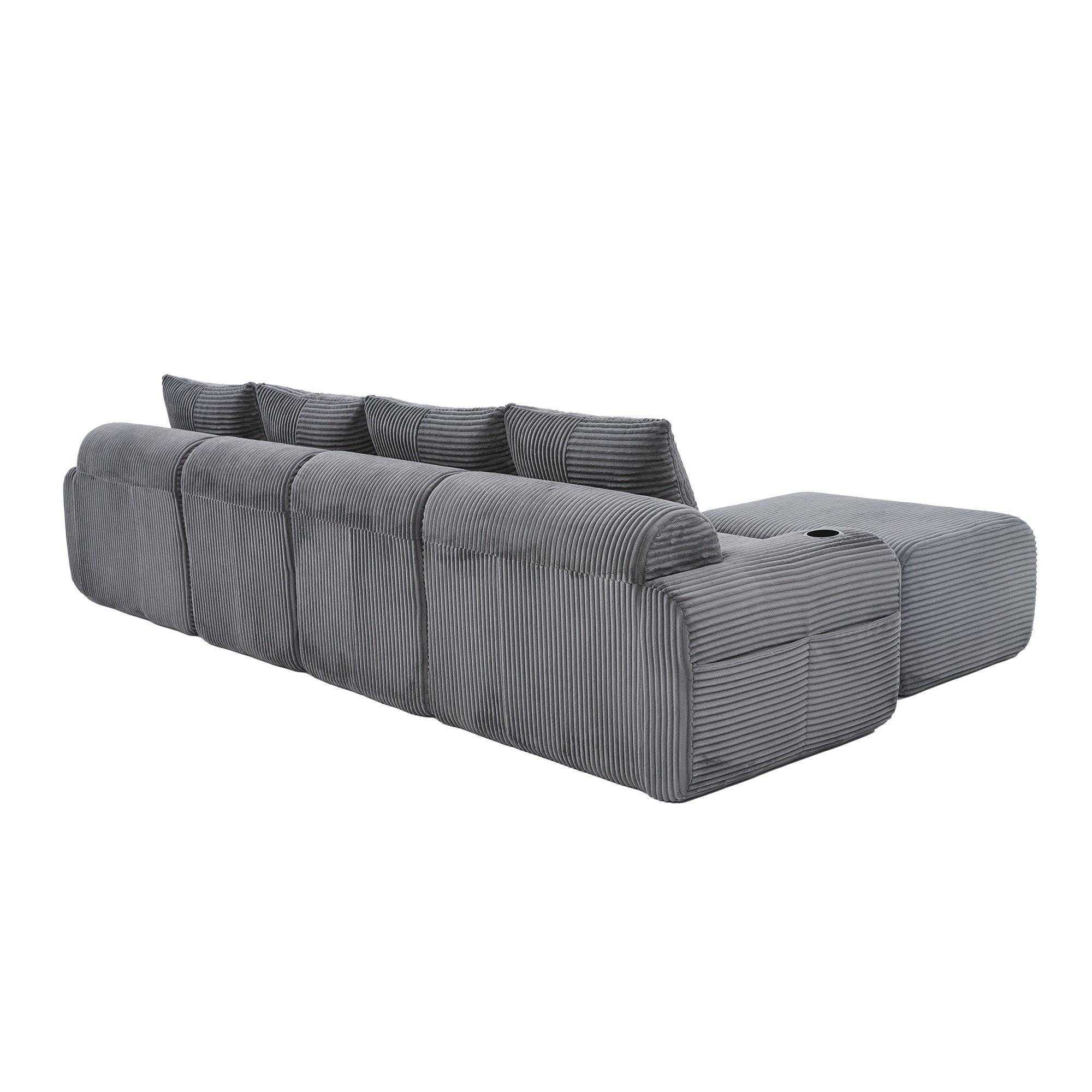 Dark Gray - Urban Meuble - Modular Corduroy Sofa with Ottomans - 14