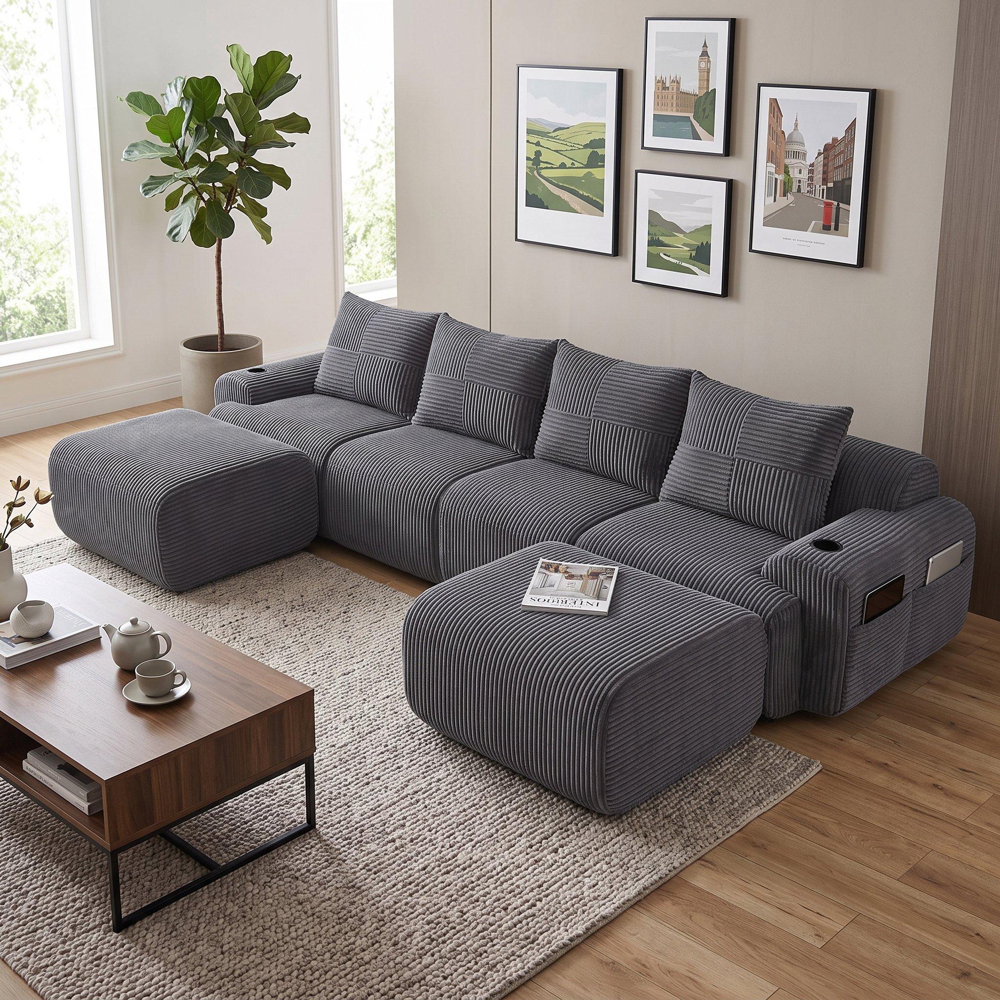 Dark Gray - Urban Meuble - Modular Corduroy Sofa with Ottomans - 3
