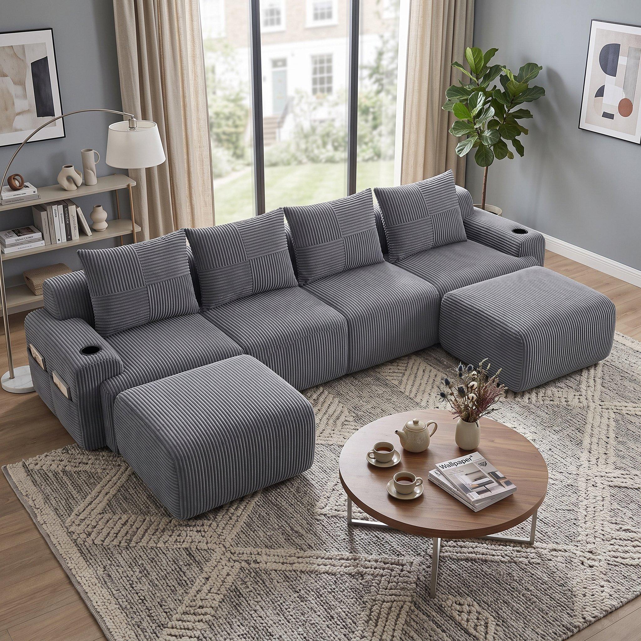 Dark Gray - Urban Meuble - Modular Corduroy Sofa with Ottomans - 4