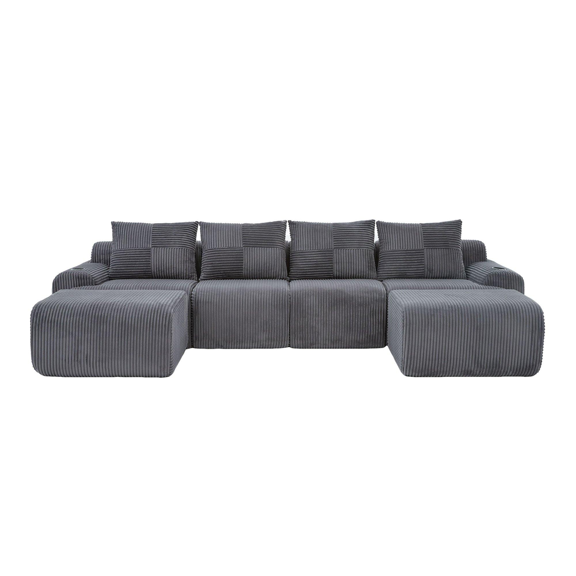Dark Gray - Urban Meuble - Modular Corduroy Sofa with Ottomans - 5