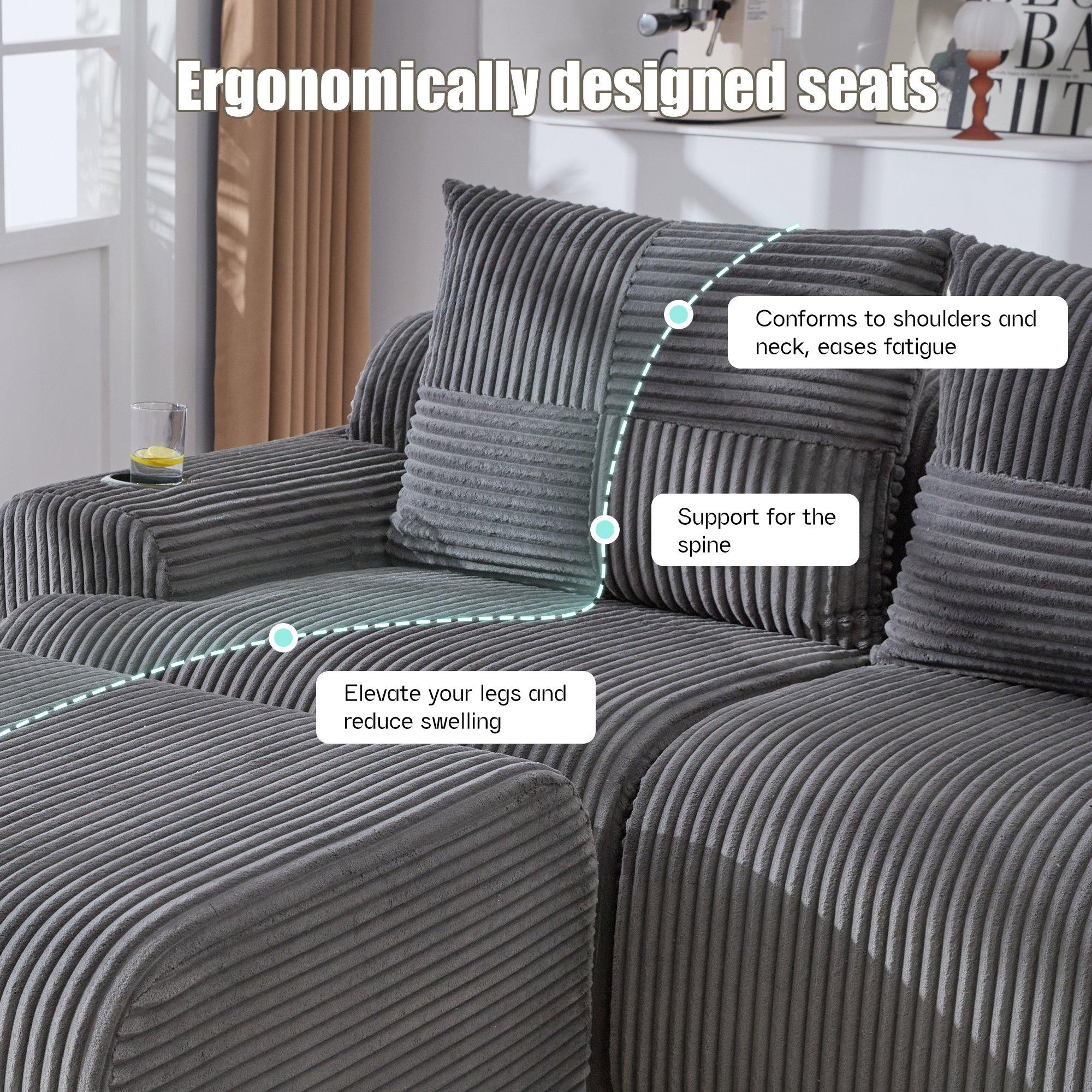 Dark Gray - Urban Meuble - Modular Corduroy Sofa with Ottomans - 7