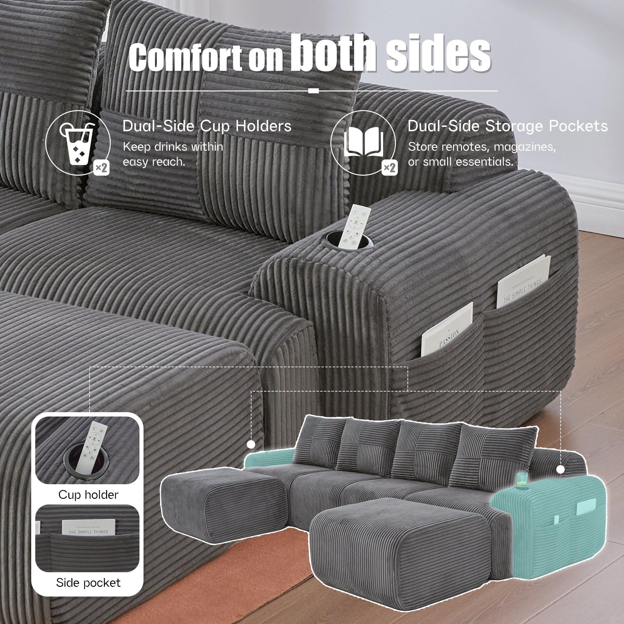 Dark Gray - Urban Meuble - Modular Corduroy Sofa with Ottomans - 8