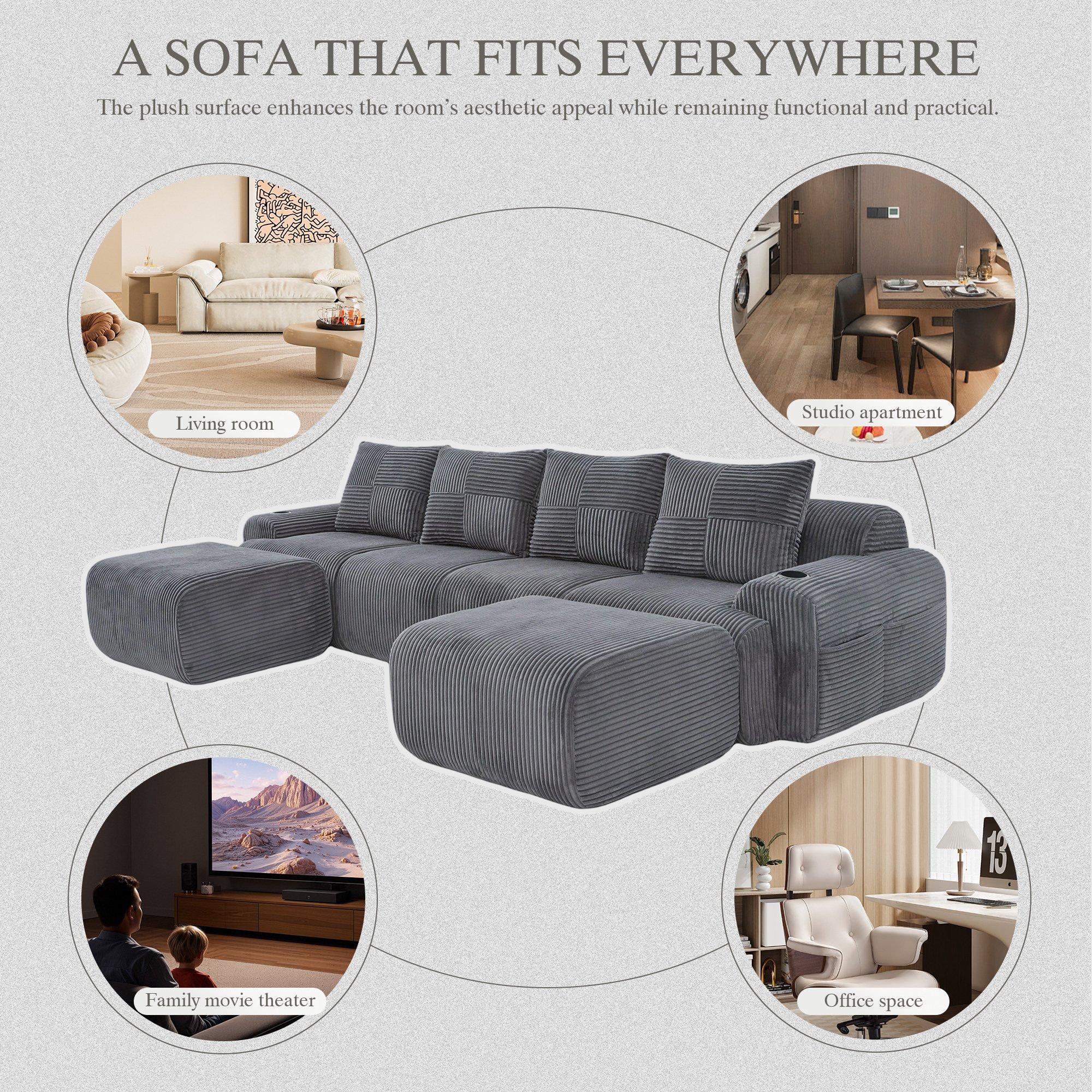 Dark Gray - Urban Meuble - Modular Corduroy Sofa with Ottomans - 9