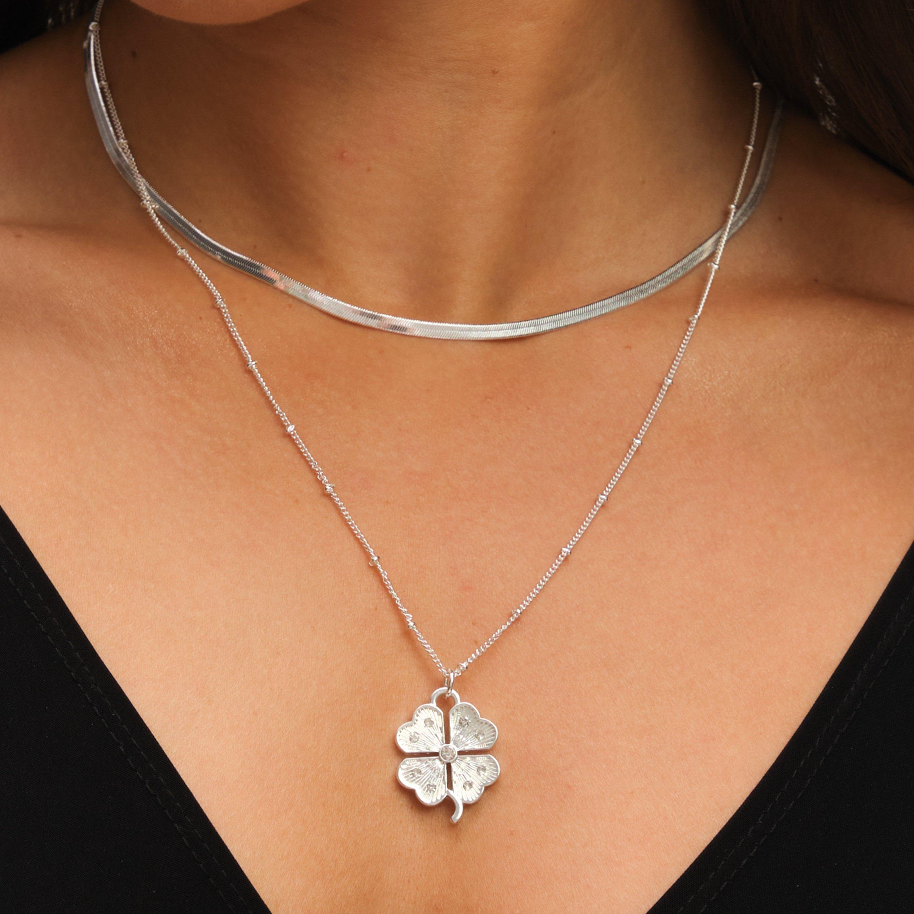 Silver - Mood - Silver Polished & Crystal Clover Pendant - 2