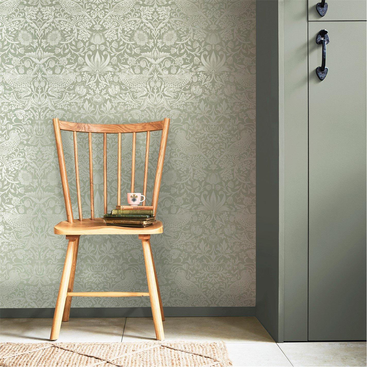 William Morris At Home  Strawberry Thief Fibrous Wallpaper - Sage