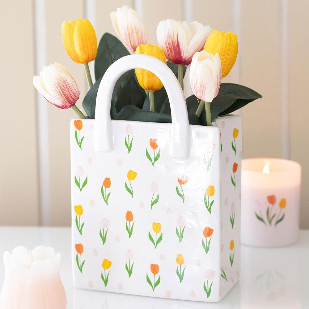 White - Something Different - Tulip Print Ceramic Bag-Shaped Flower Vase - 1