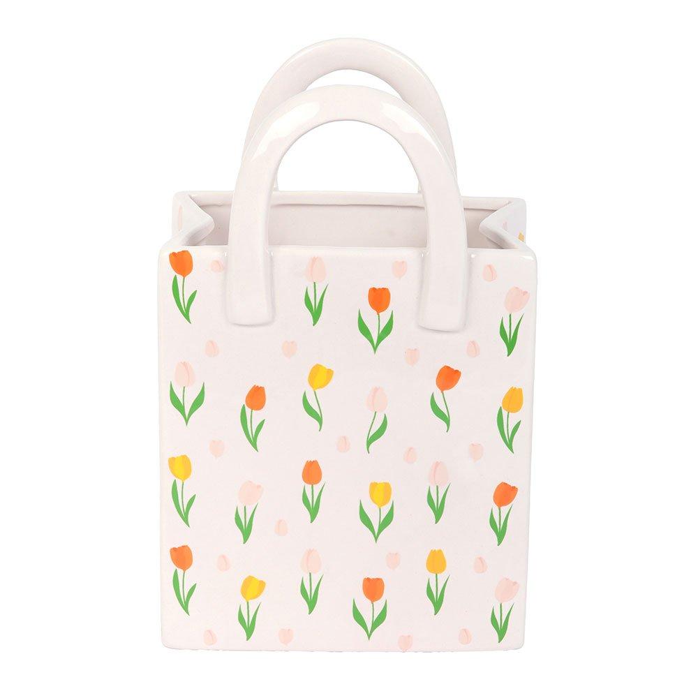 White - Something Different - Tulip Print Ceramic Bag-Shaped Flower Vase - 3