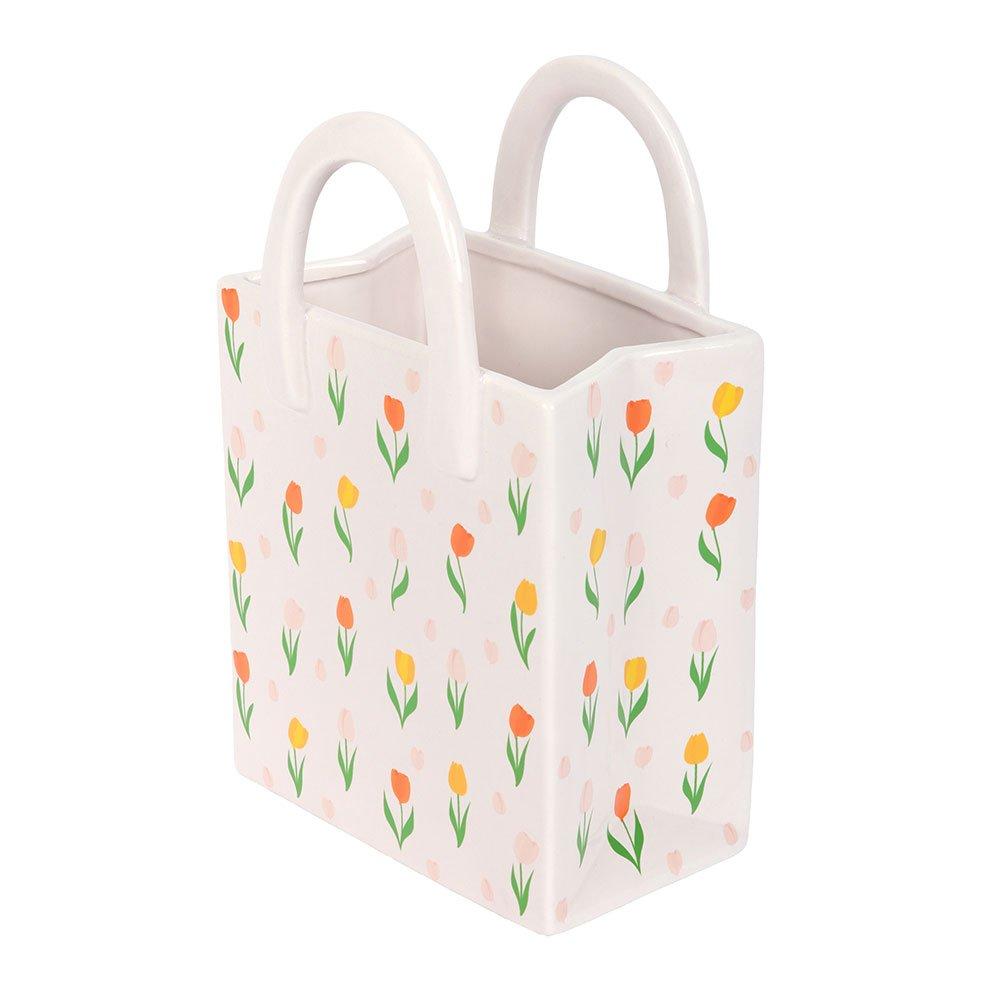White - Something Different - Tulip Print Ceramic Bag-Shaped Flower Vase - 4