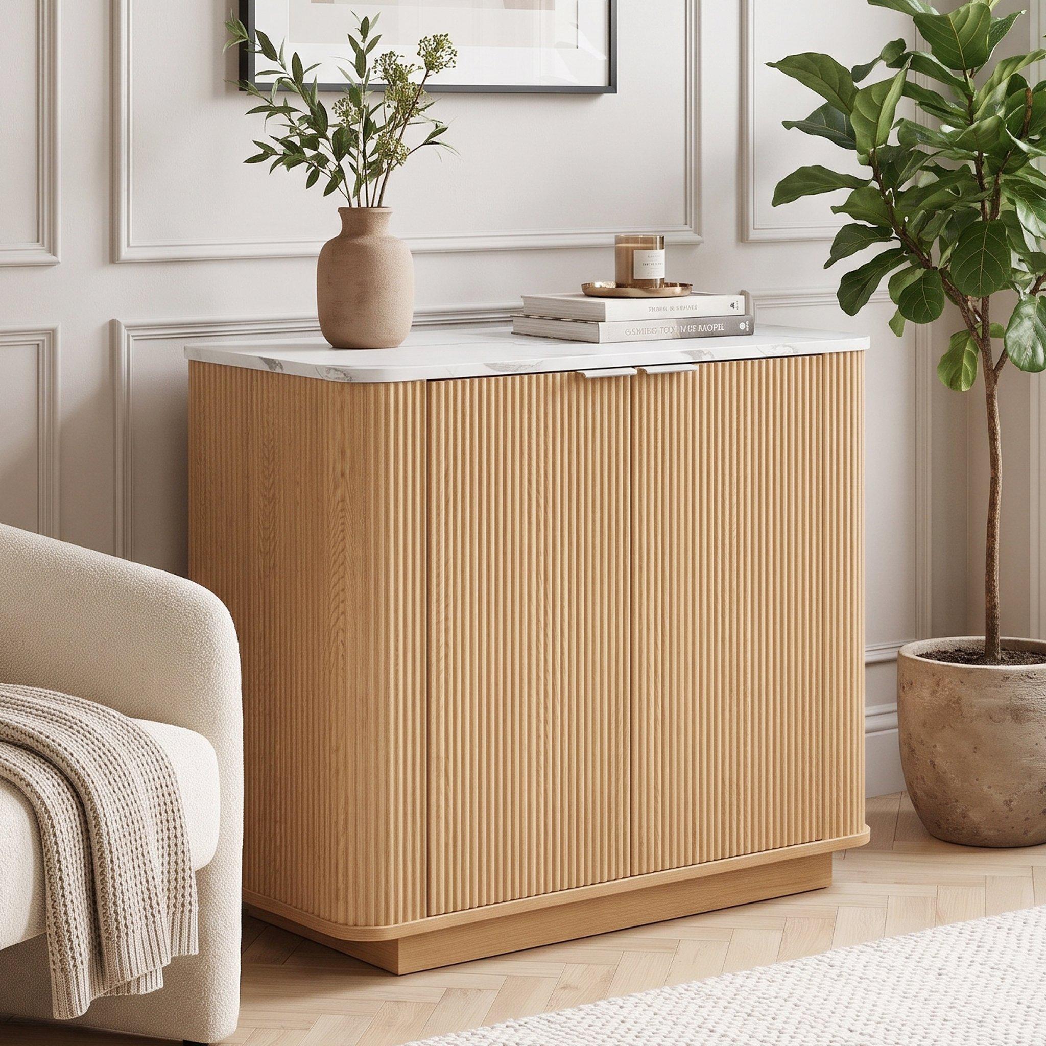 Oak - Urban Meuble - Modern Fluted 2 Door Sideboard Storage Cabinet - 2