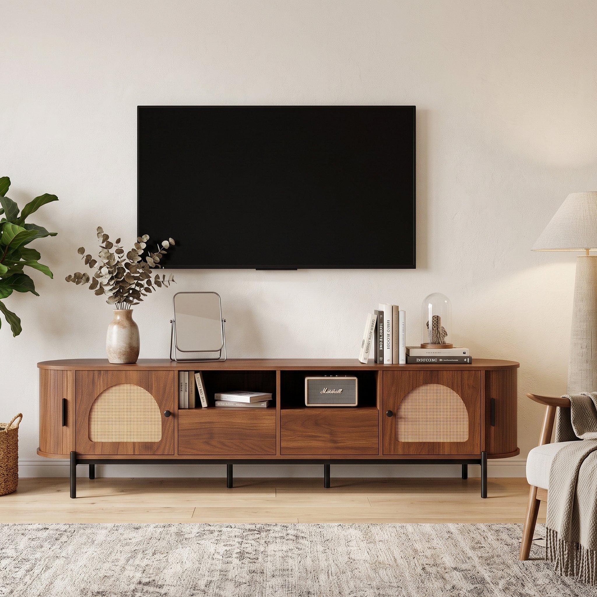 Walnut - Urban Meuble - Vintage Rattan TV Stand with Storage - 1