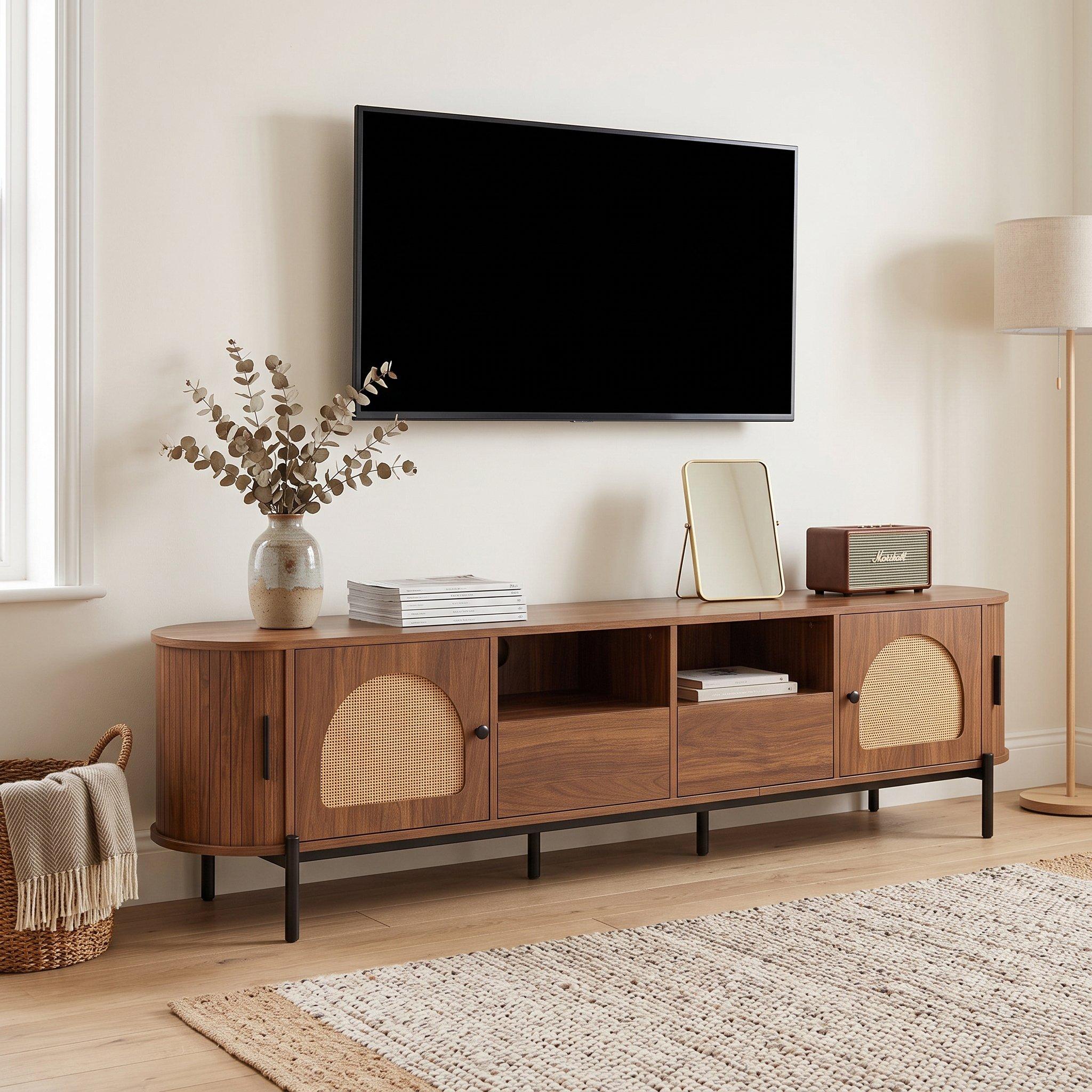 Walnut - Urban Meuble - Vintage Rattan TV Stand with Storage - 2