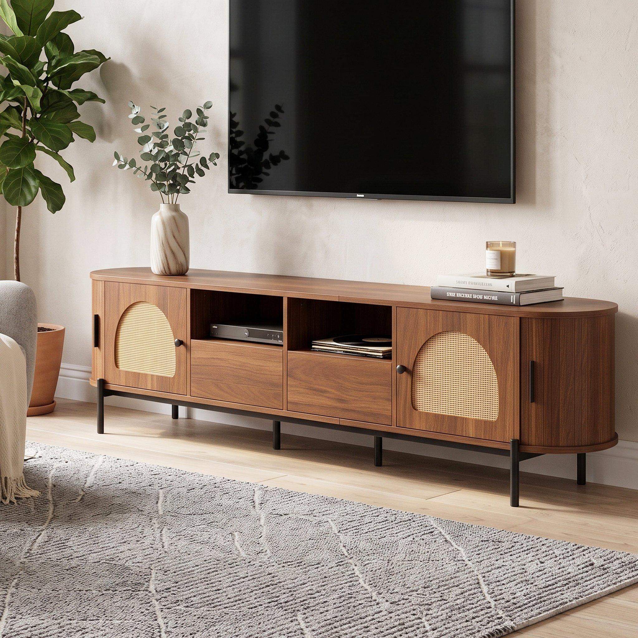 Walnut - Urban Meuble - Vintage Rattan TV Stand with Storage - 3