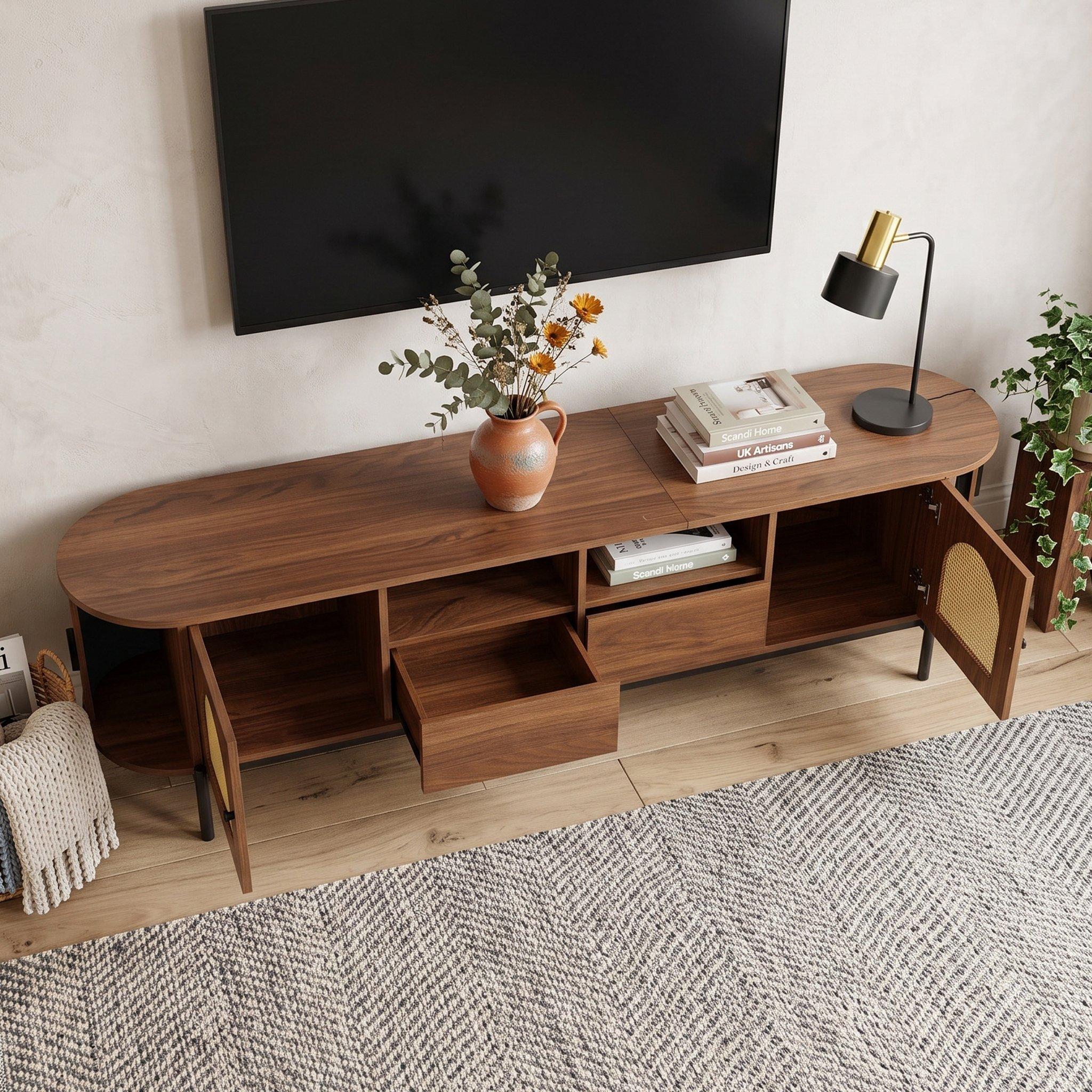 Walnut - Urban Meuble - Vintage Rattan TV Stand with Storage - 4