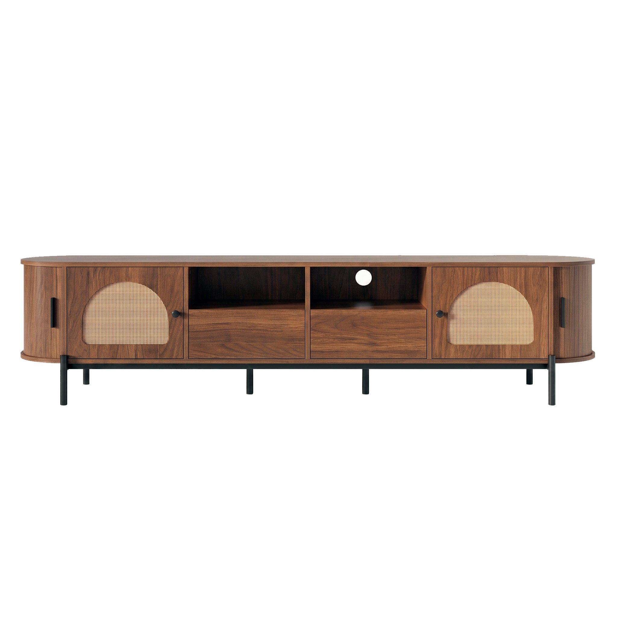 Walnut - Urban Meuble - Vintage Rattan TV Stand with Storage - 5