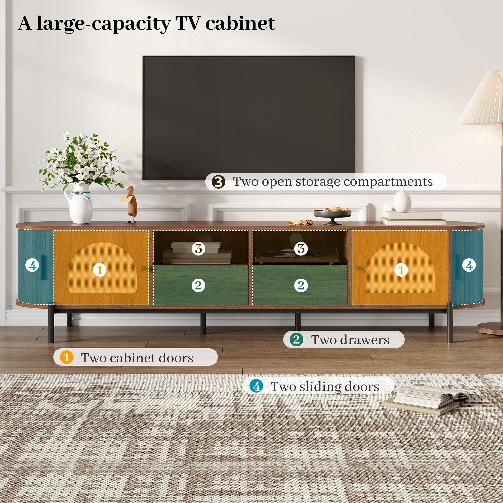 Walnut - Urban Meuble - Vintage Rattan TV Stand with Storage - 8
