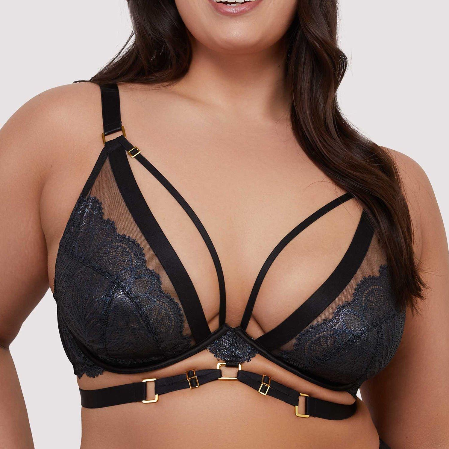 Black - Playful Promises - Tabitha Black Wet-Look Lace Plunge Bra - 2