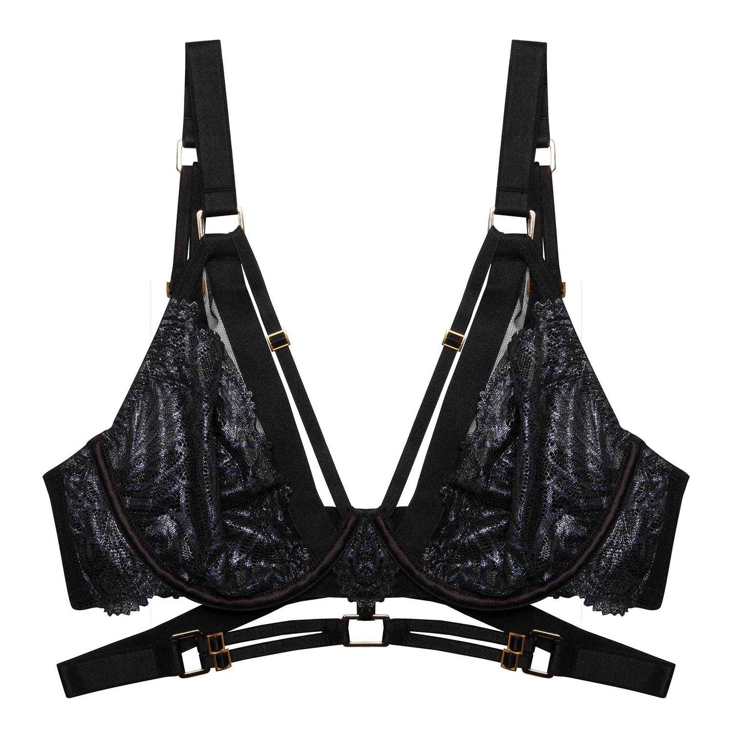 Black - Playful Promises - Tabitha Black Wet-Look Lace Plunge Bra - 5