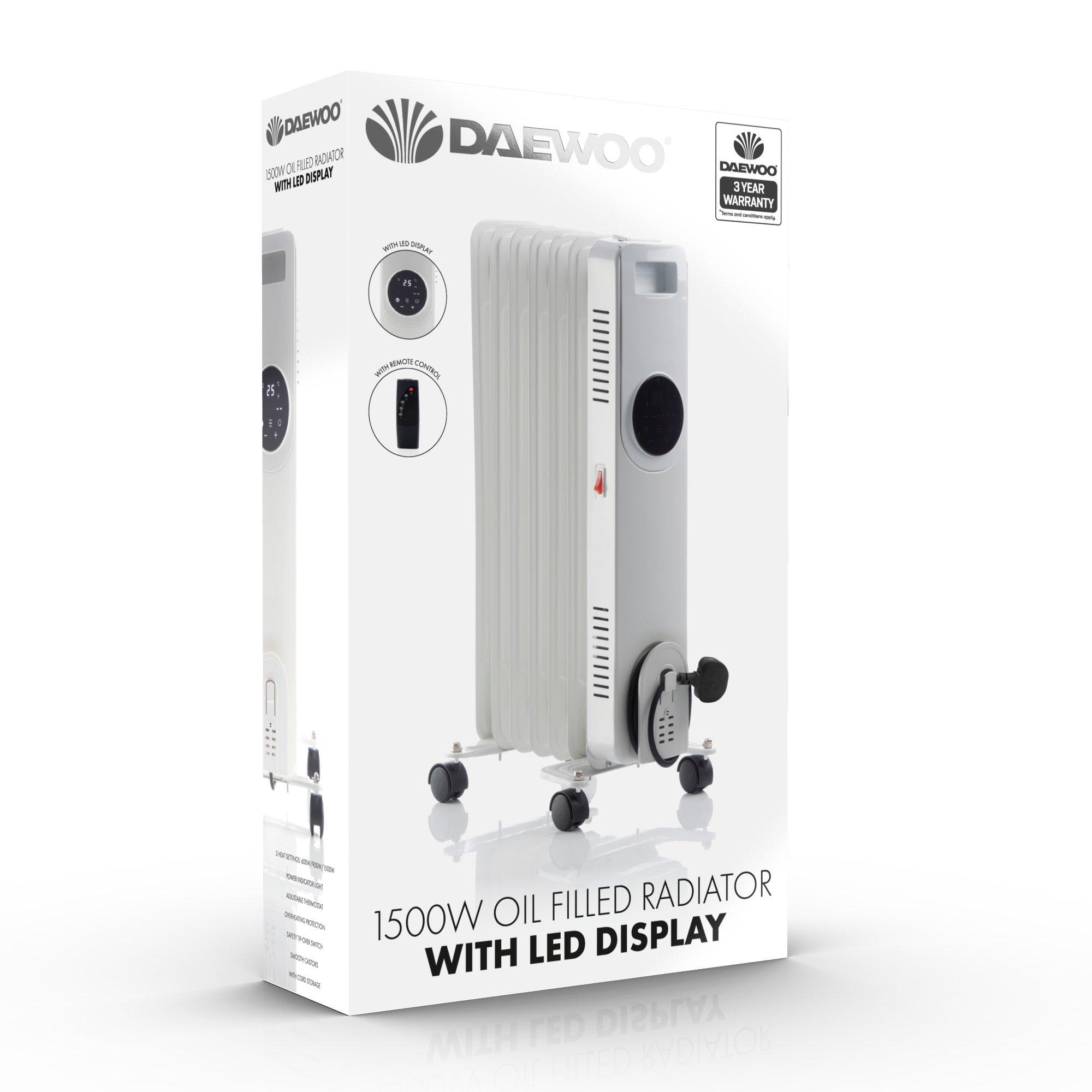 White - Daewoo Electricals - 1500W 5 FIN CERAMIC RADIATOR WITH LCD DISPLAY - 1