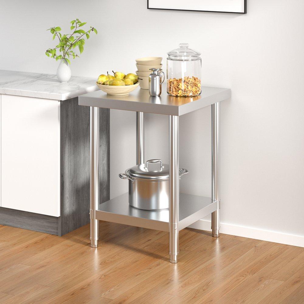 Silver - Kabinet UK - 60cm 2 Tier Square Kitchen Stainless Steel Table - 1