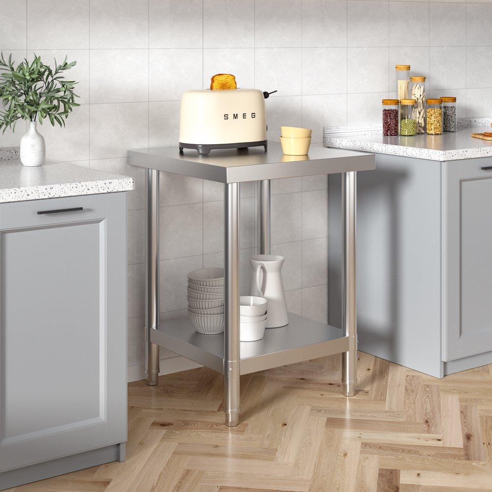 Silver - Breeins - 60cm 2 Tier Square Kitchen Stainless Steel Table - 2