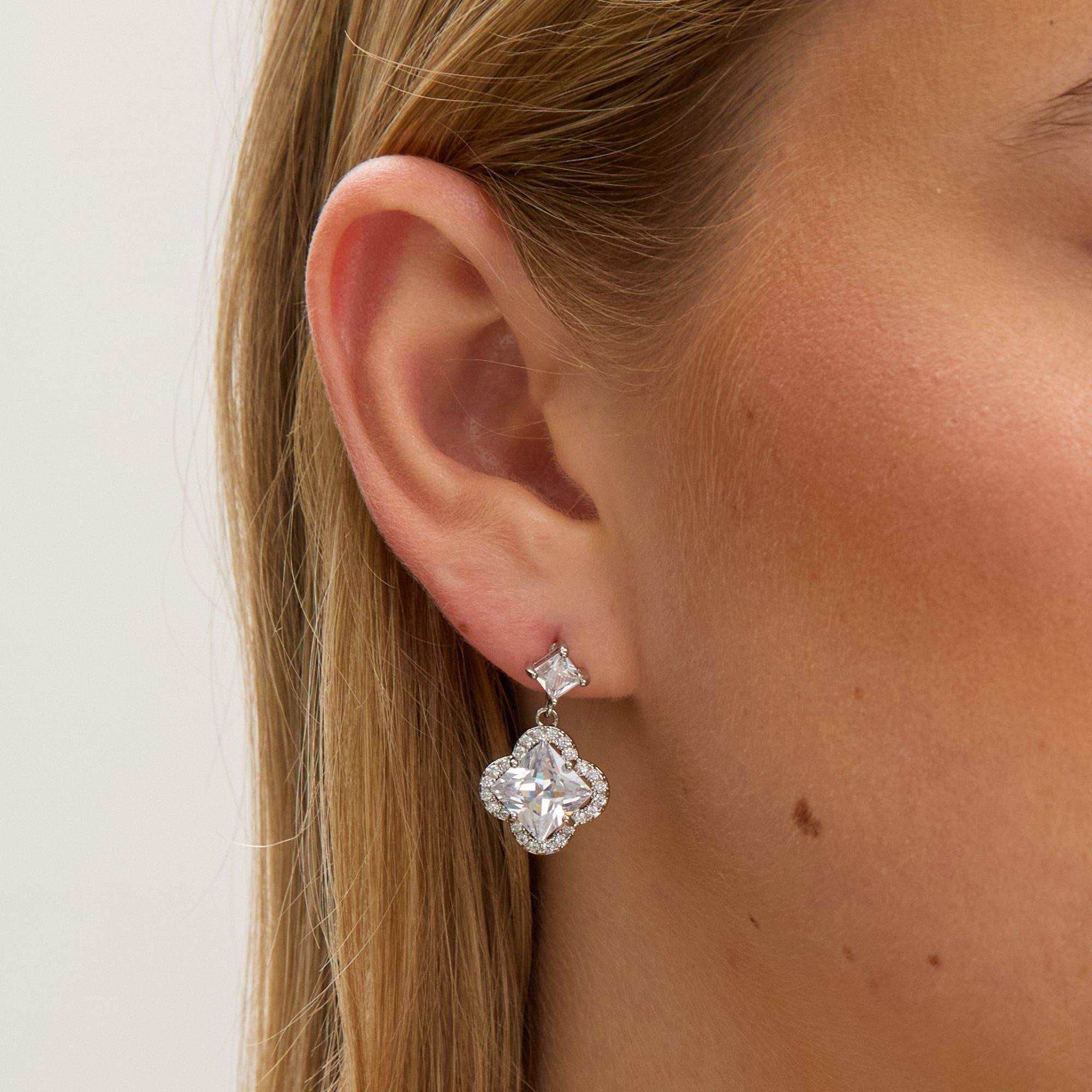 Silver - Jon Richard - Rhodium Plated CZ Clover Drop Earrings