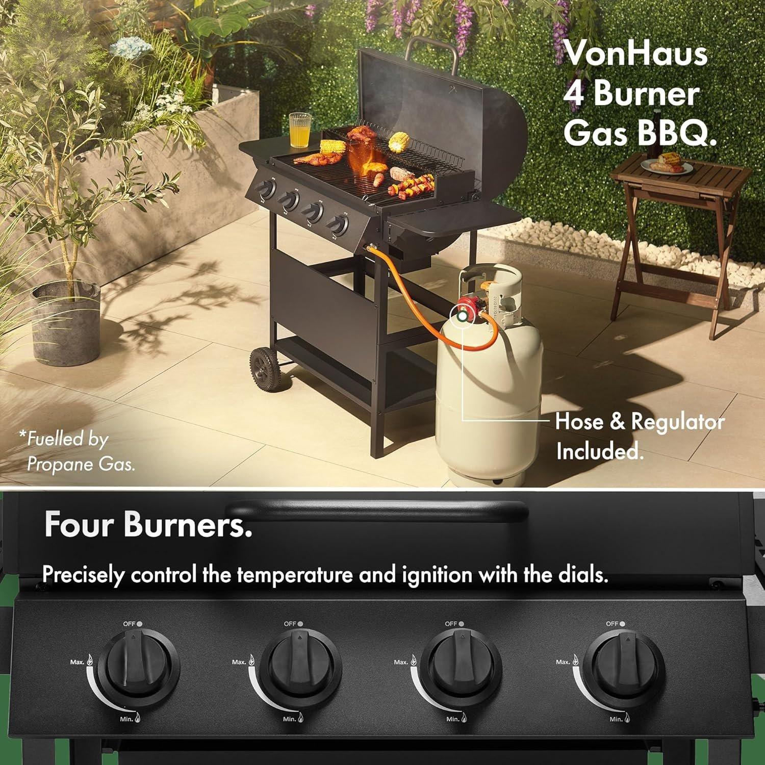 Black - VonHaus - Barrel 4 Burner Gas BBQ - 4