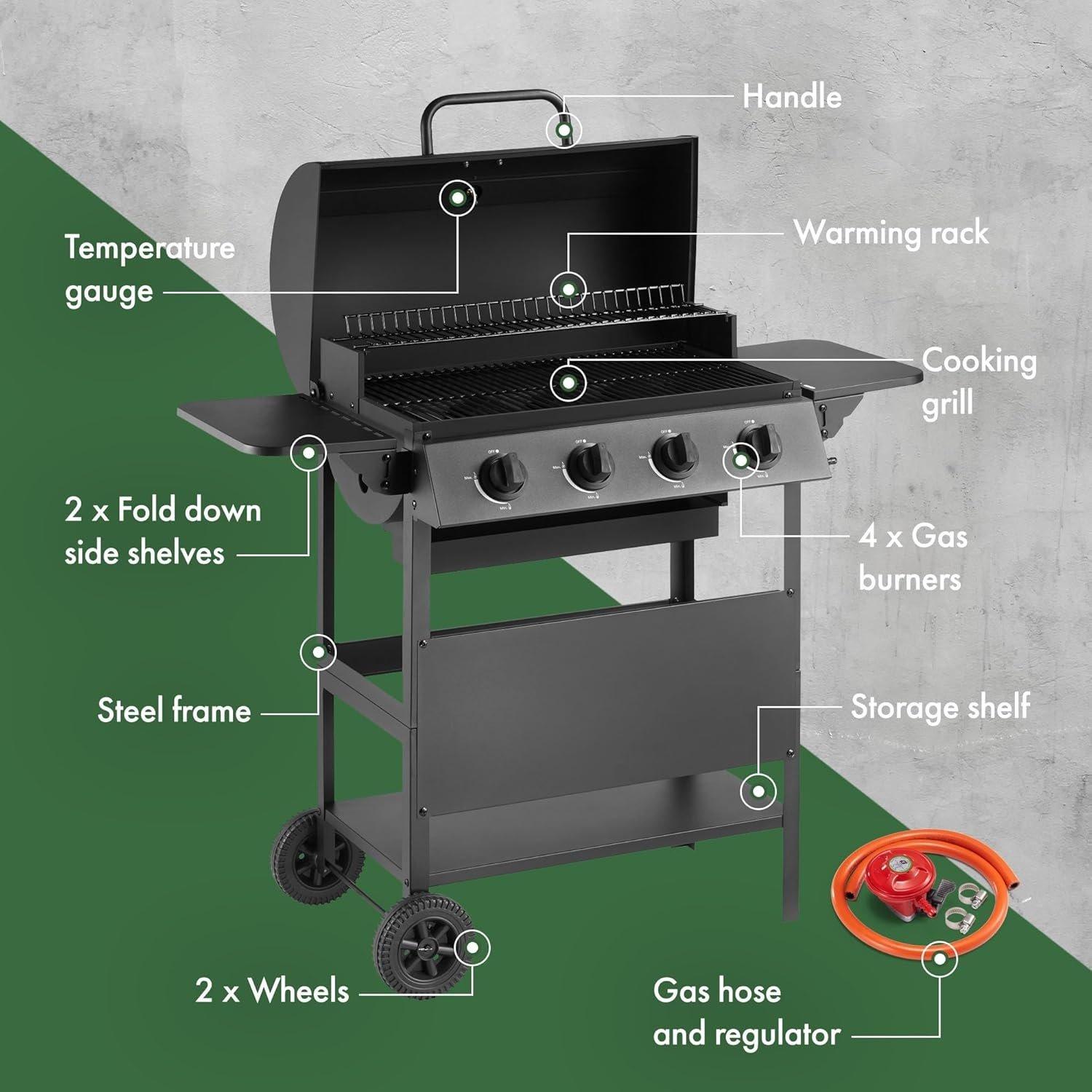 Black - VonHaus - Barrel 4 Burner Gas BBQ - 6