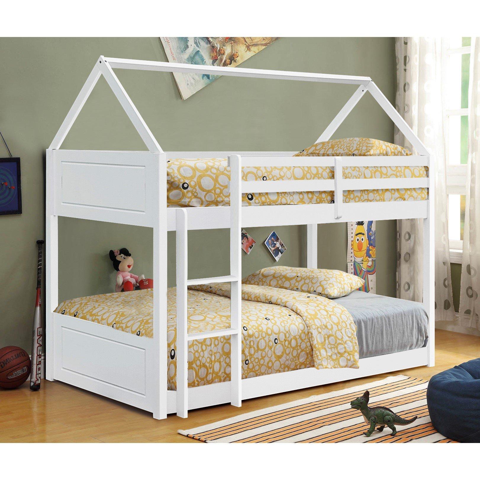 White - Comfy Living - Wooden House Style Bunk Bed with Mattresses - 1