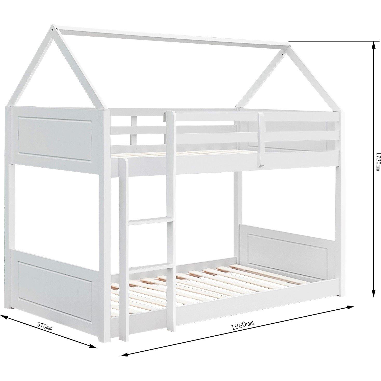 White - Comfy Living - Wooden House Style Bunk Bed with Mattresses - 2